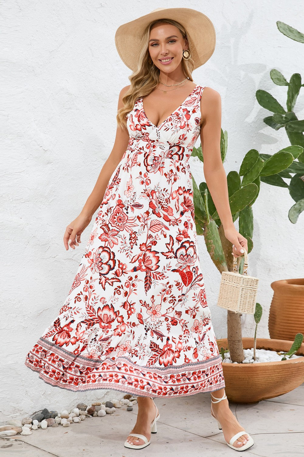 Printed V-Neck Wide Strap Dress 