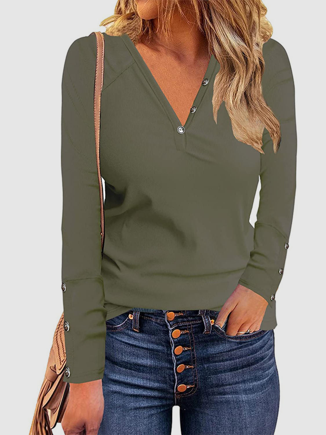 Decorative Button V-Neck Long Sleeve T-Shirt 