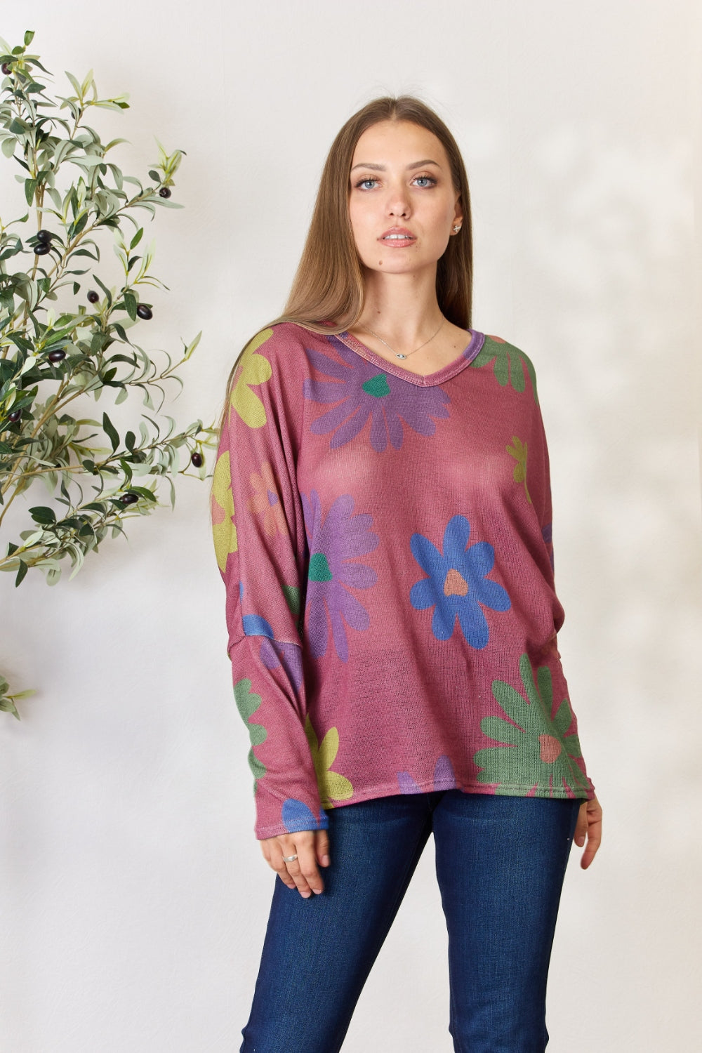 Hopely Full Size Floral V-Neck Long Sleeve Top 