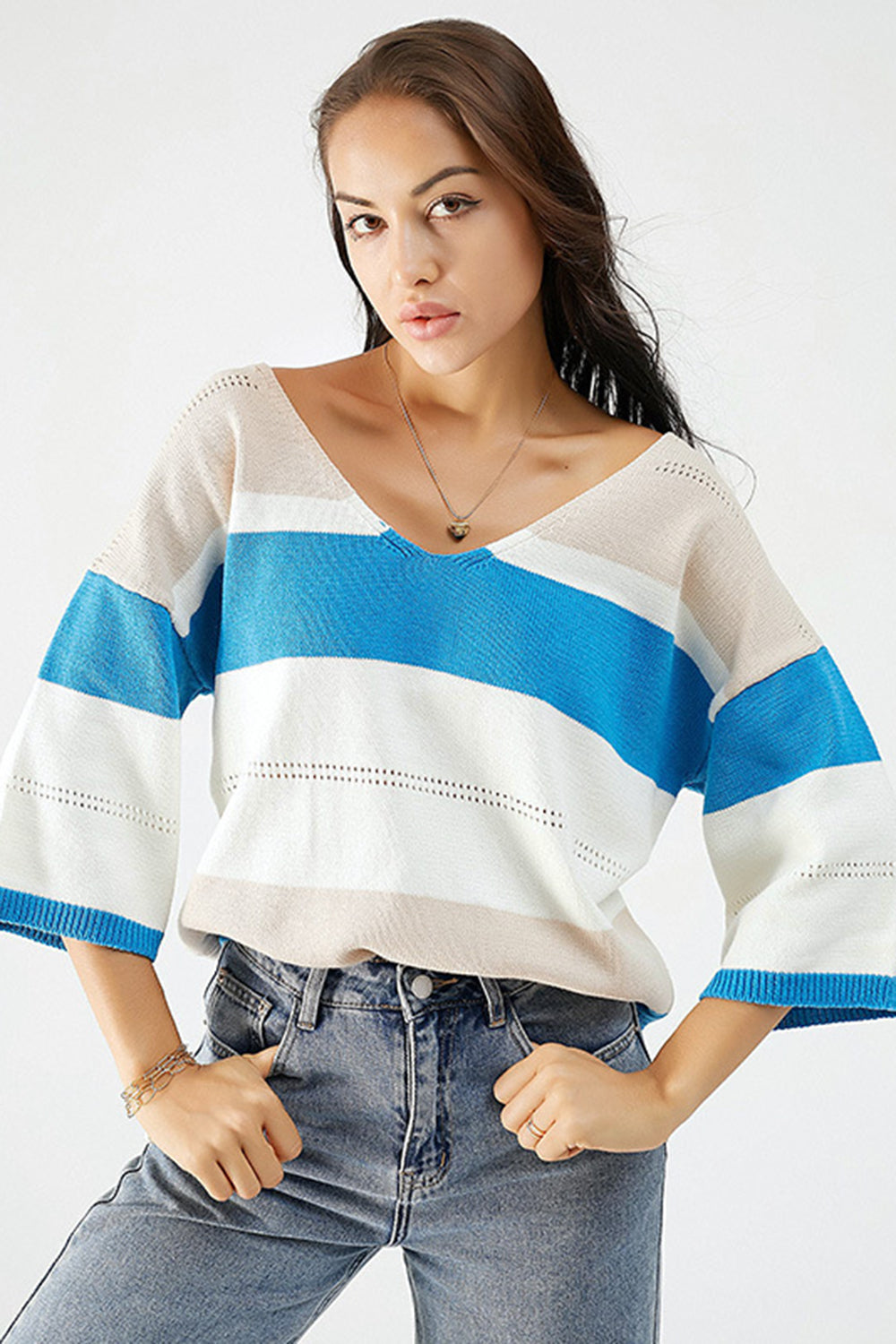 Color Block V-Neck Dropped Shoulder Sweater 