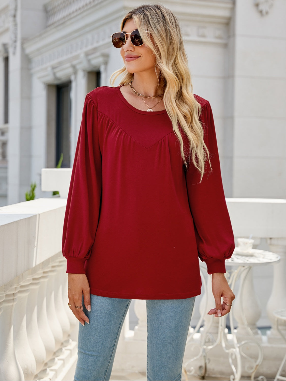 Heathered Round Neck Lantern Sleeve Blouse