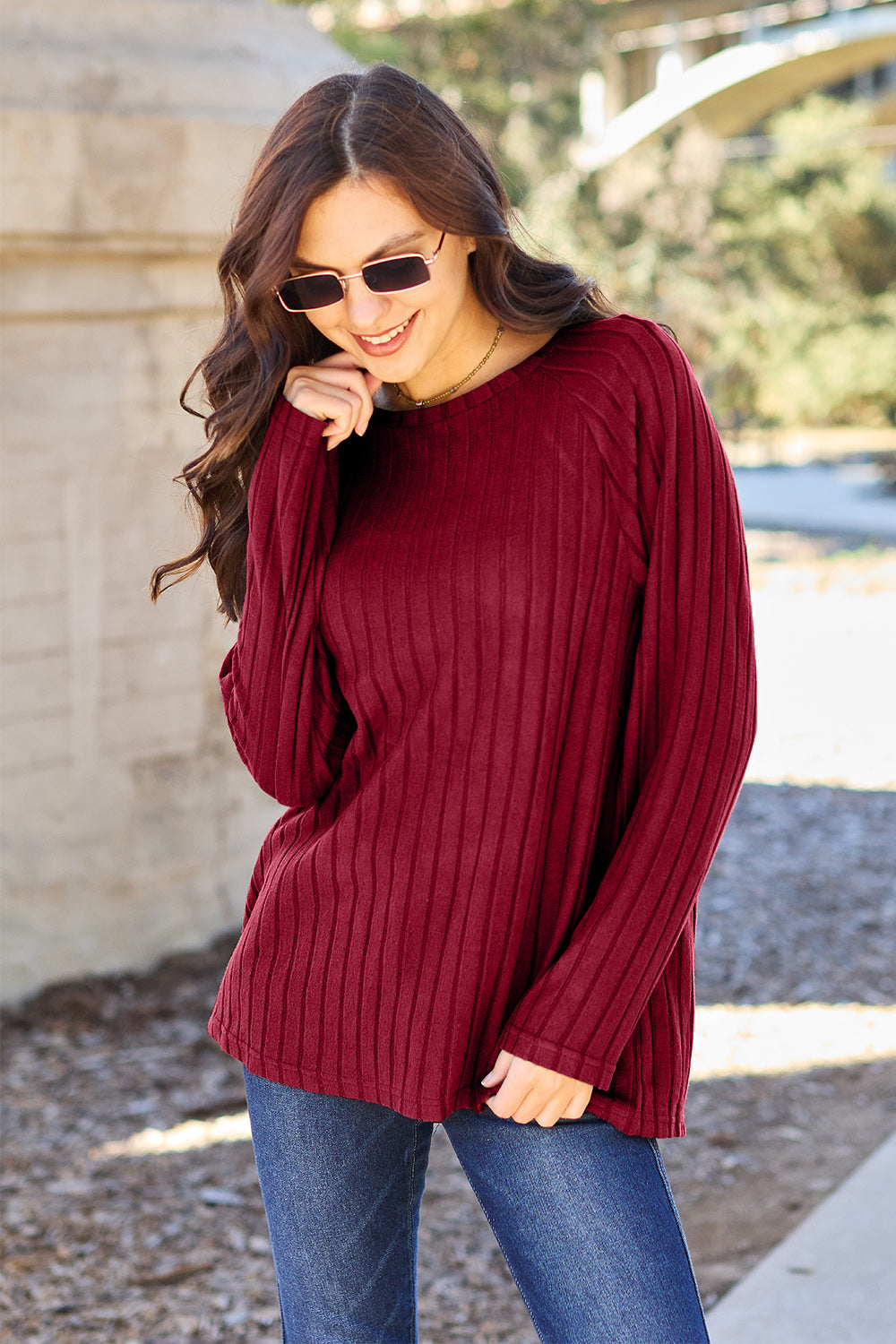 Basic Bae Full Size Ribbed Round Neck Long Sleeve Knit Top 