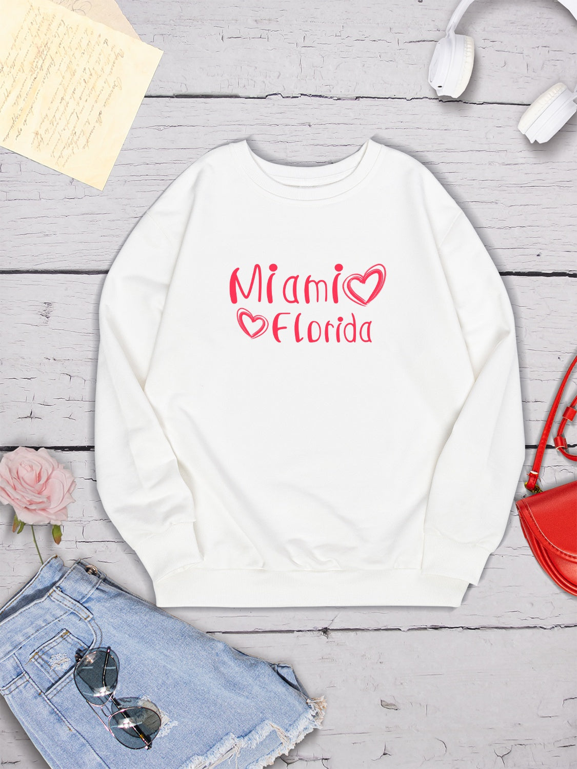 MIAMI FLORIDA Round Neck Dropped Shoulder Sweatshirt 