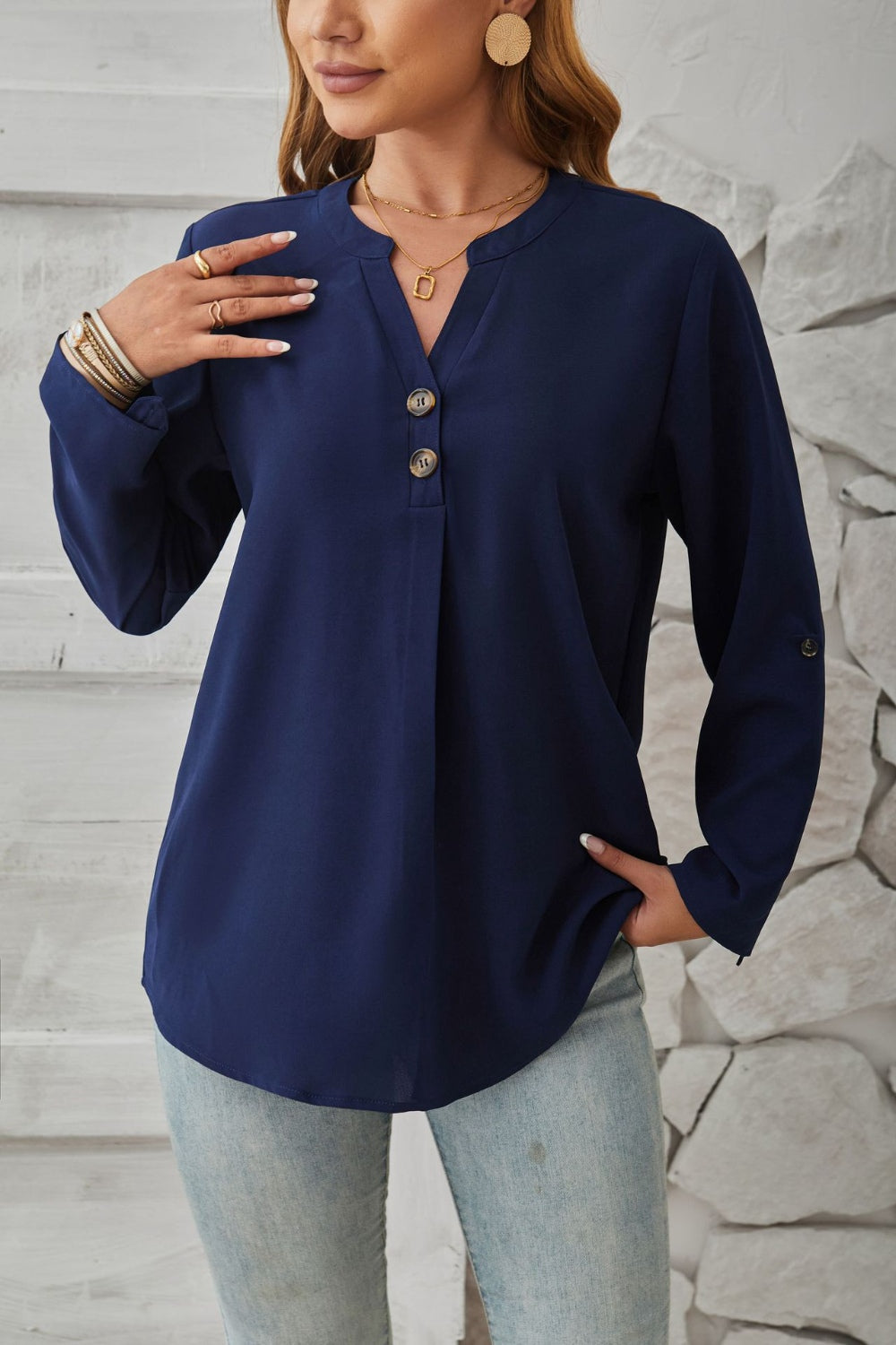 Decorative Button Notched Long Sleeve Blouse 