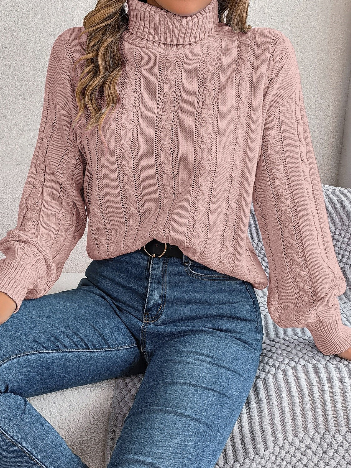 Cable-Knit Turtleneck Dropped Shoulder Sweater 