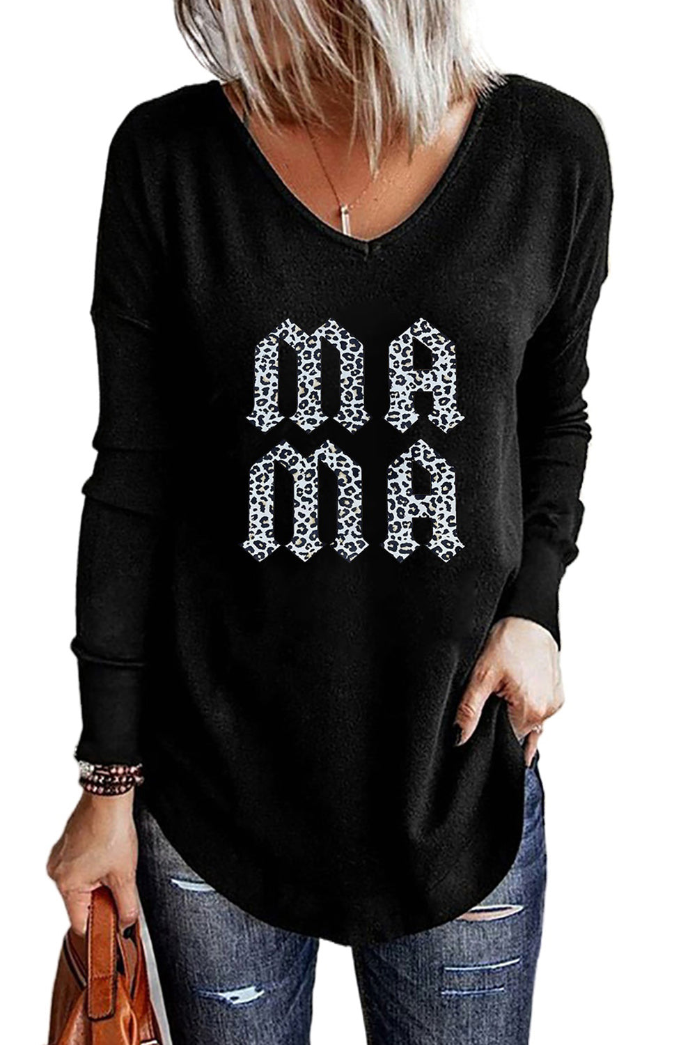 Leopard MAMA Graphic V-Neck Long Sleeve Top 