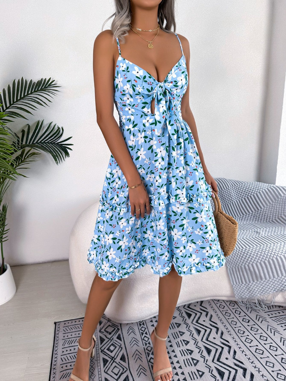 Printed Plunge Cap Sleeve Cami Dress 