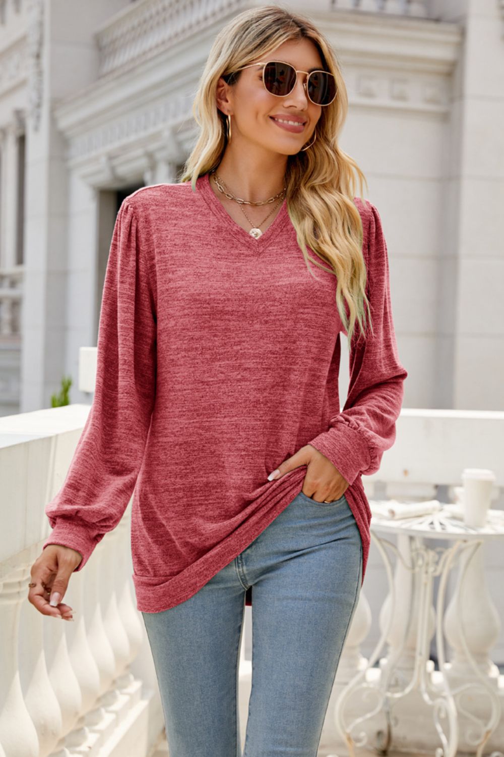 Long Puff Sleeve V-Neck Top