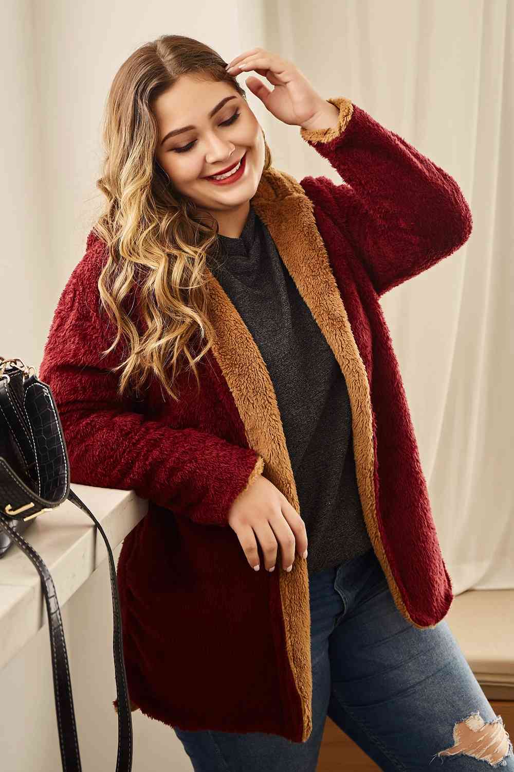 Hanny Plus Size Hooded Longline Teddy Jacket 