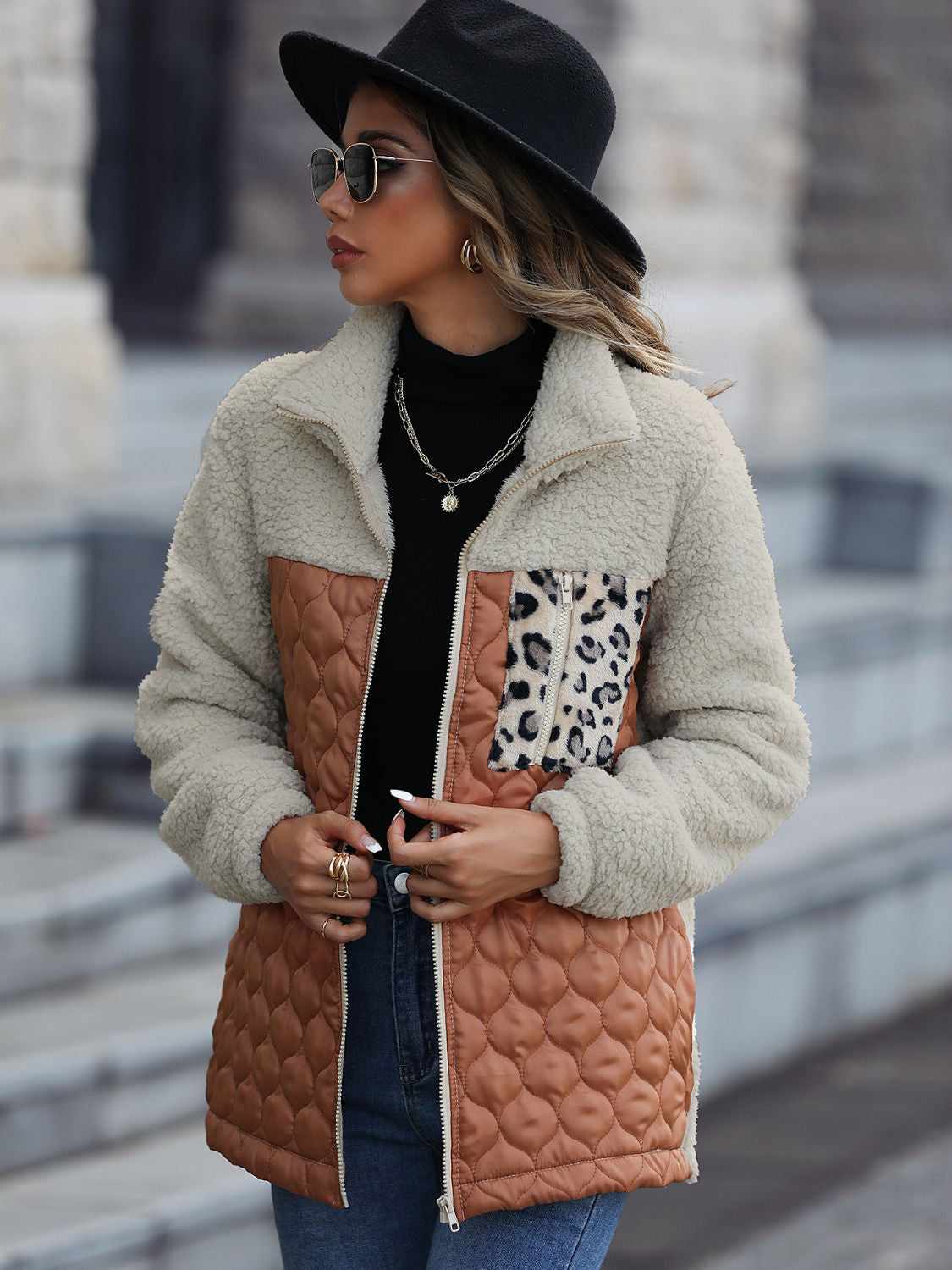 Leopard Color Block Zip-Up Jacket 