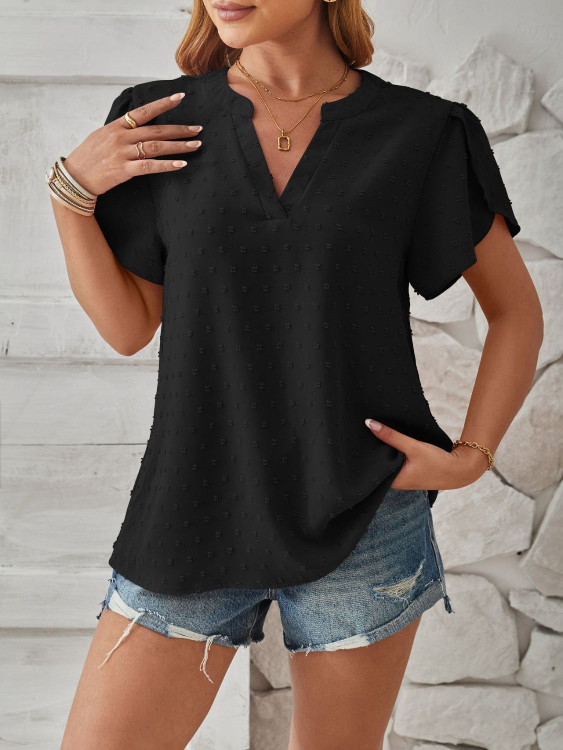 Swiss Dot Notched Petal Sleeve T-Shirt 