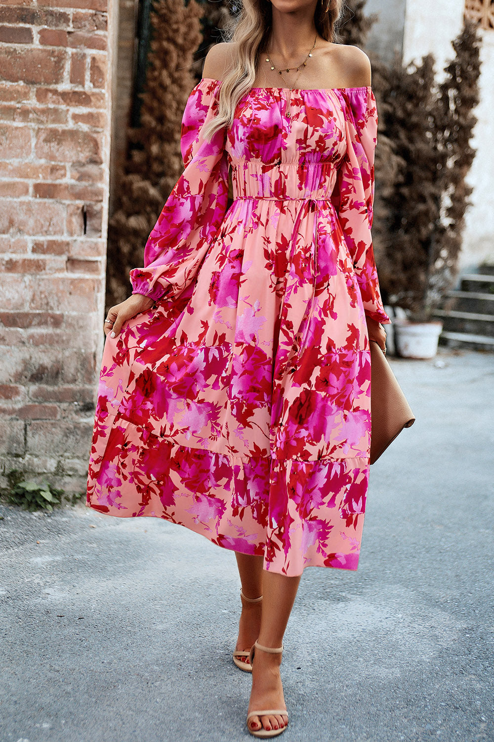 Printed Balloon Sleeve Midi Dress 