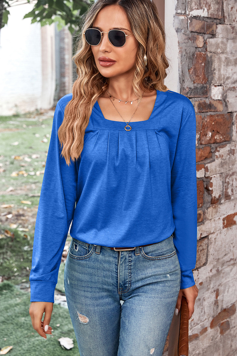 Ruched Square Neck Long Sleeve T-Shirt 