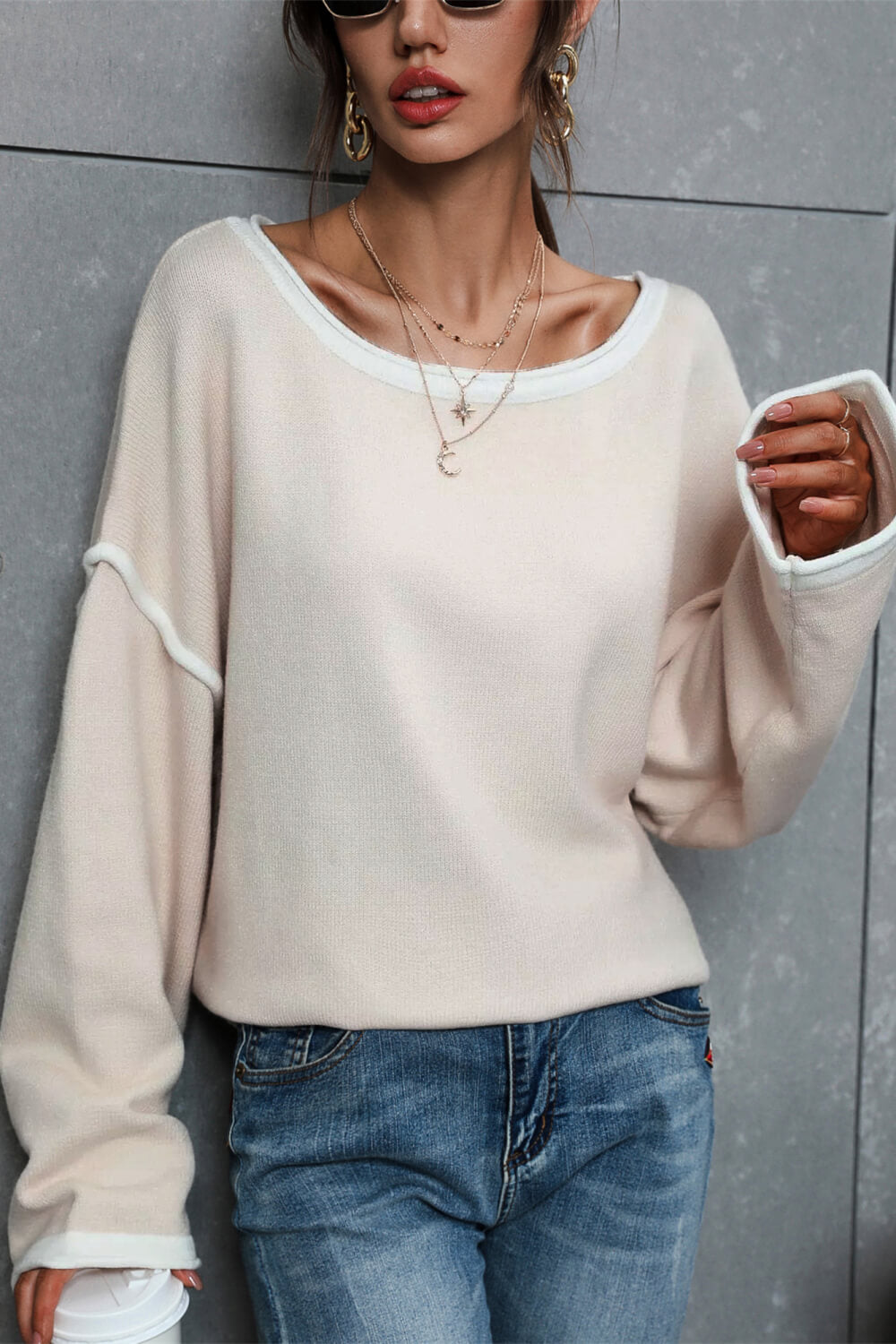 Contrast Detail Dropped Shoulder Knit Pullover 