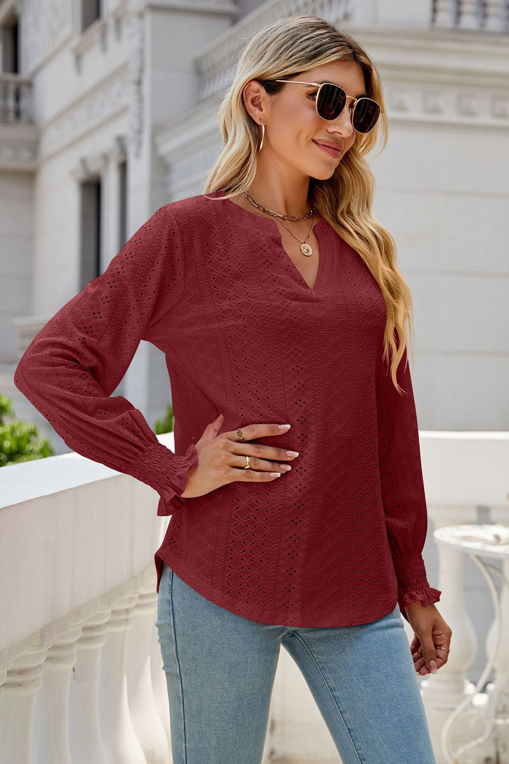 Eyelet Notched Lantern Sleeve T-Shirt 