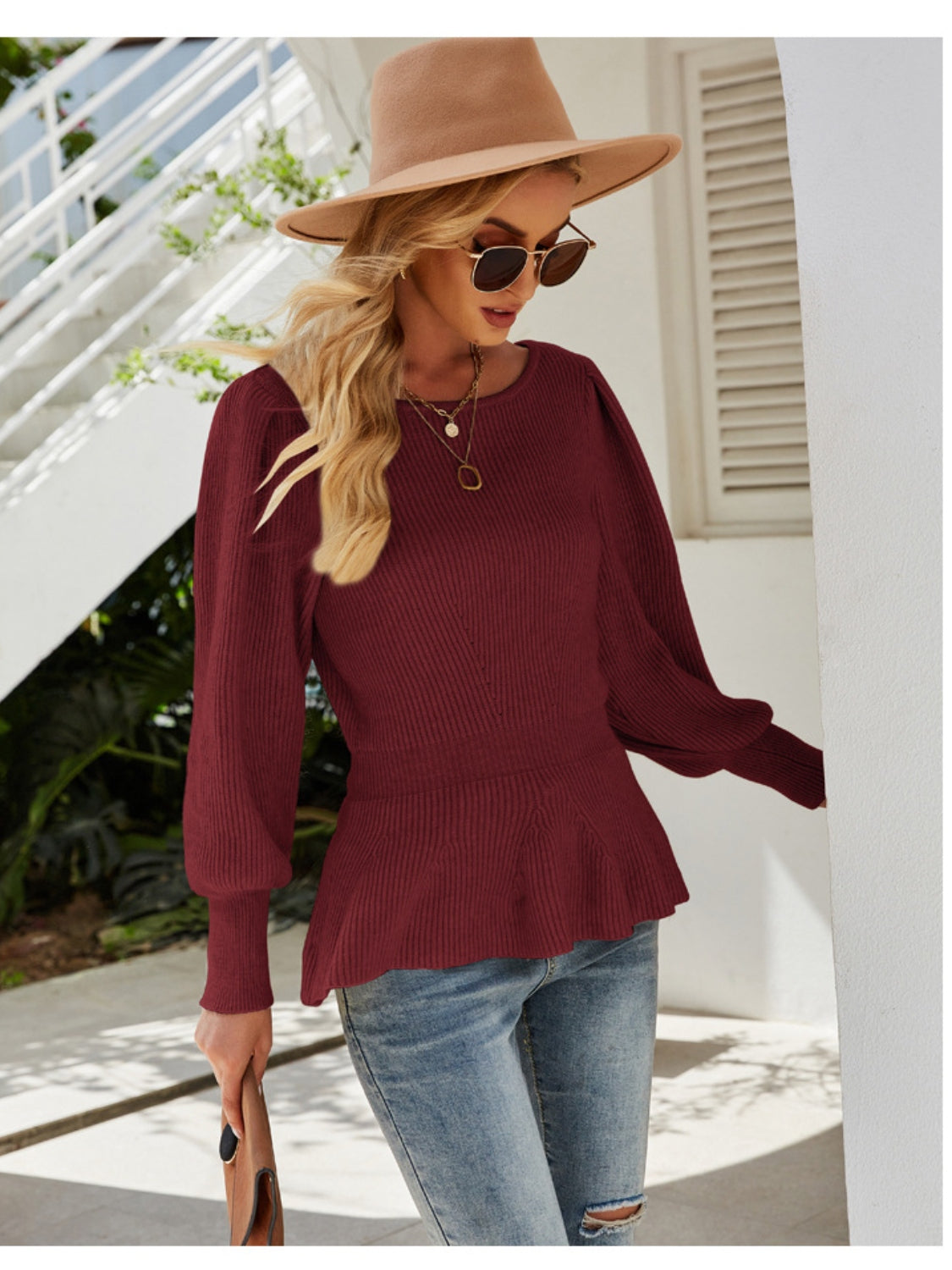 Ribbed Round Neck Lantern Sleeve Sweater - Babbazon Tops