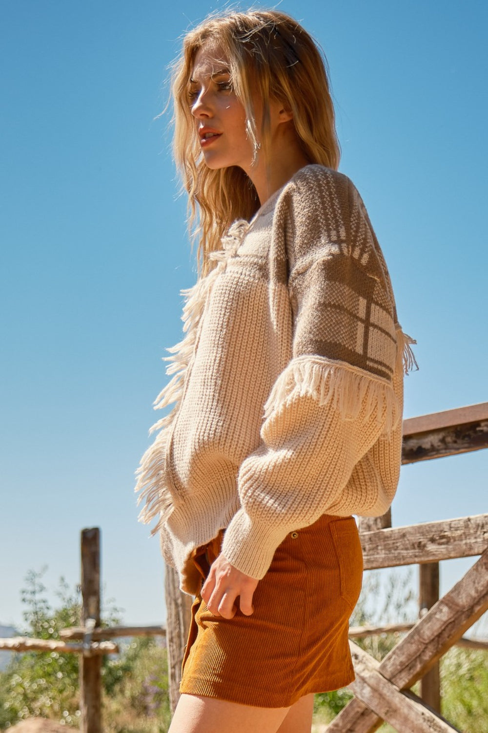 And The Why Plaid Pattern Color Block Fringe Sweater 