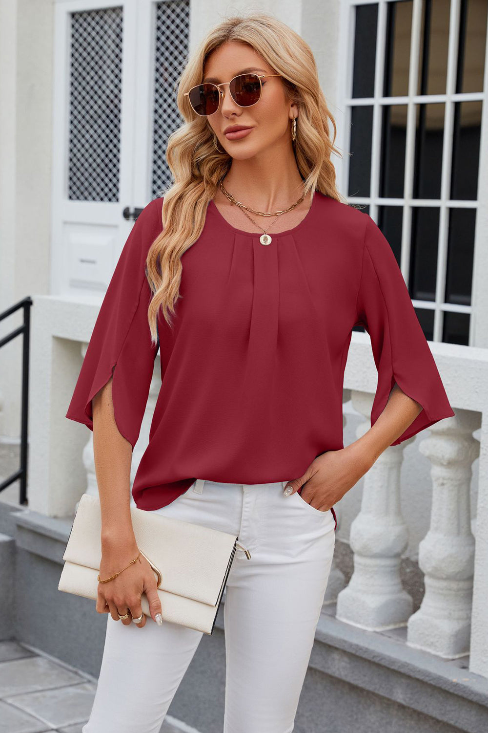 Round Neck Slit Half Sleeve Top 