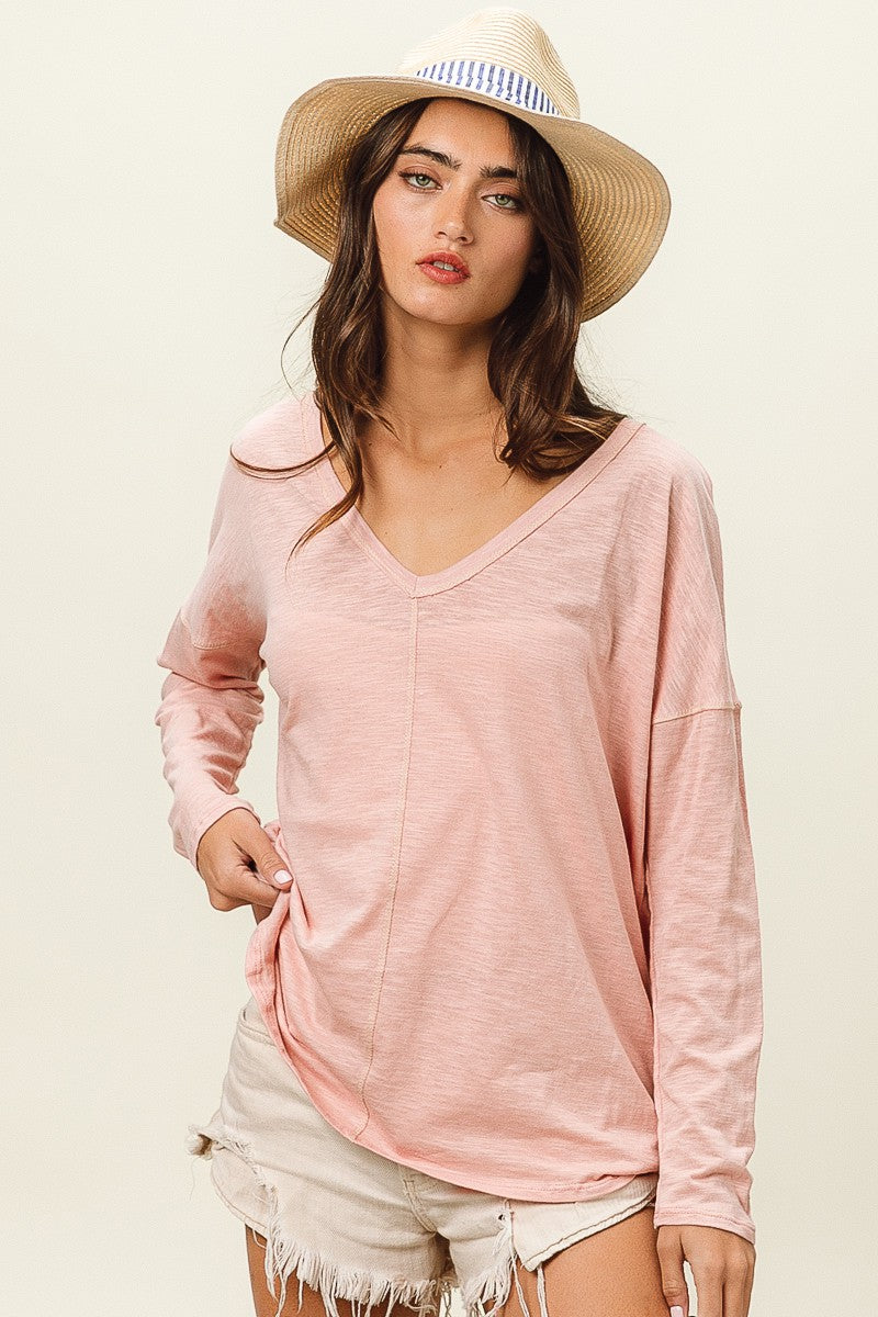 BiBi Exposed Seam V-Neck Long Sleeve T-Shirt 