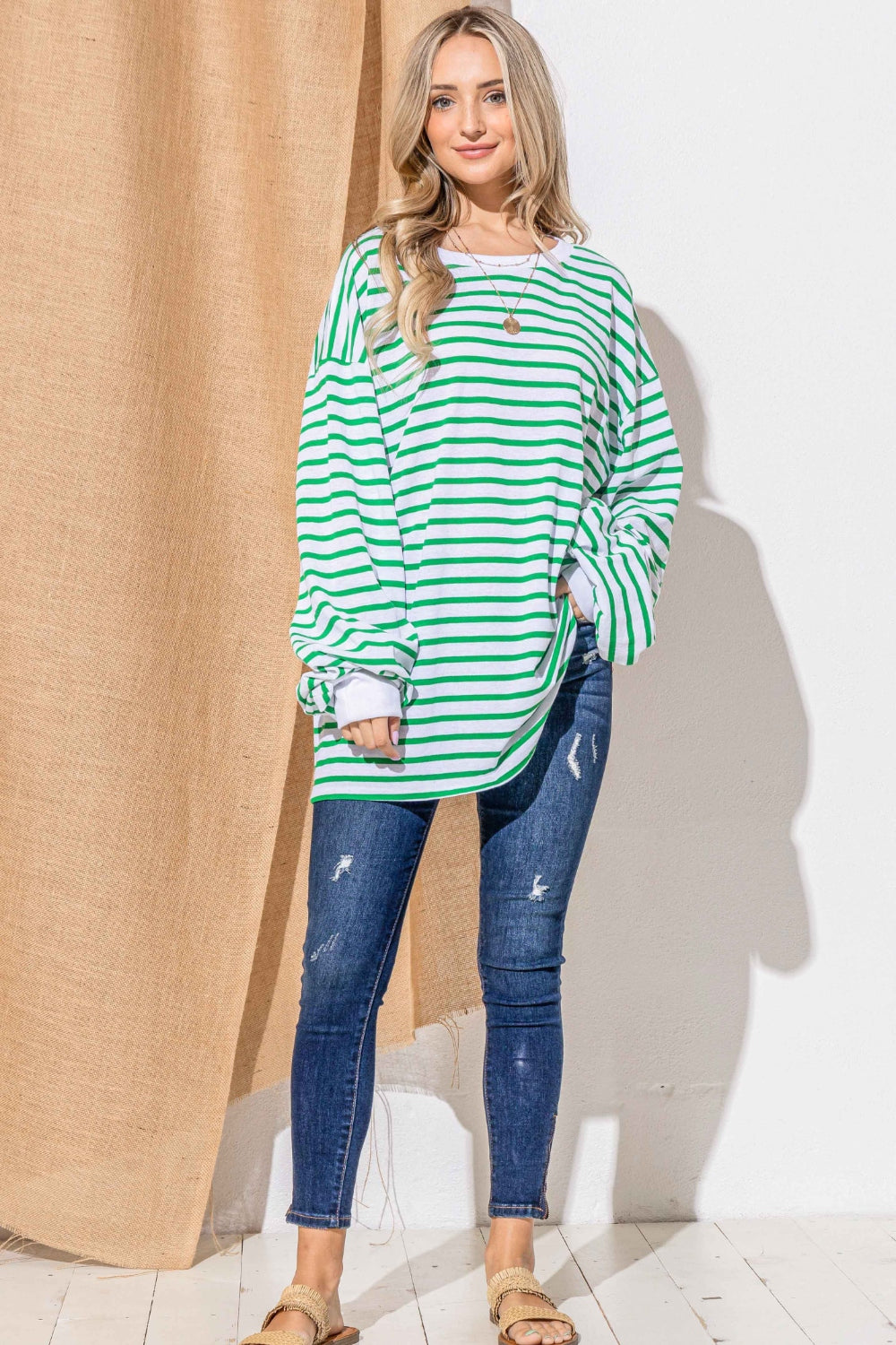 And The Why Oversized Striped Balloon Sleeve Top 