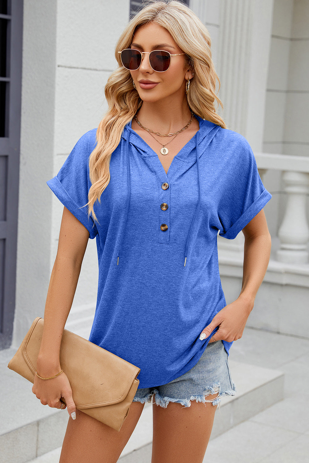 Half Button Drawstring Short Sleeve Hooded T-Shirt - Babbazon Camisole