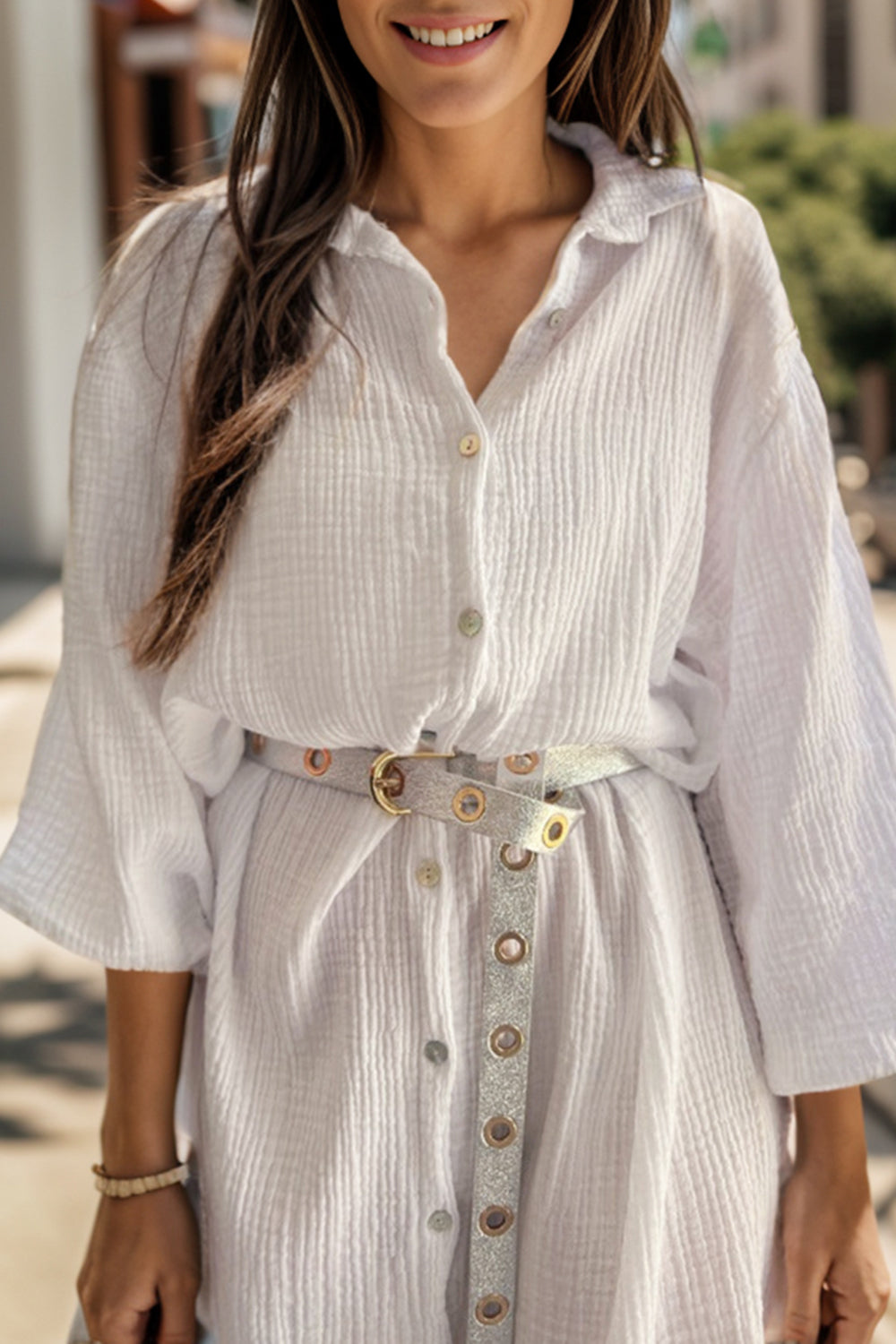 Texture Button Up Collared Neck Shirt Dress 