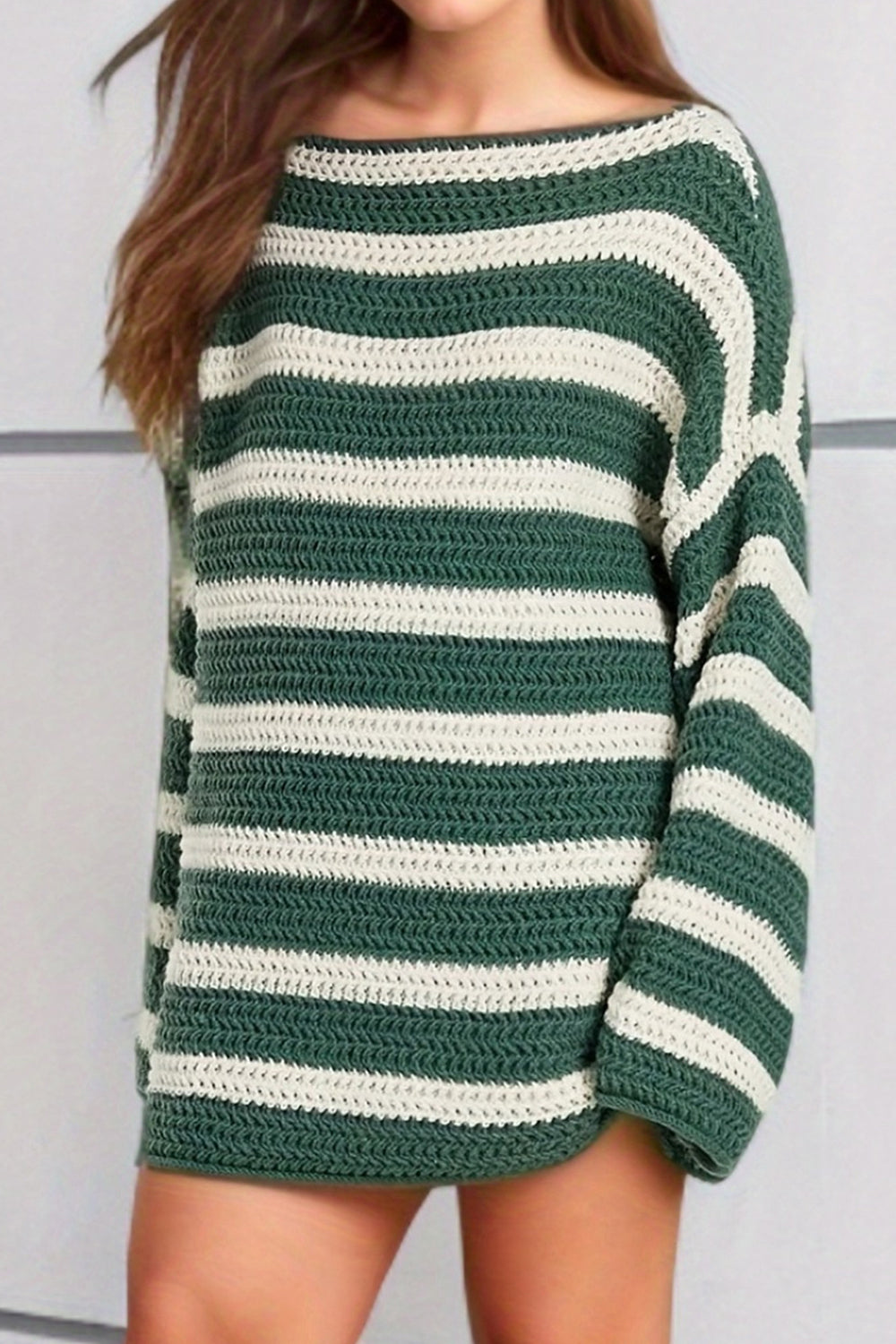 Striped Round Neck Dropped Shoulder Sweater 