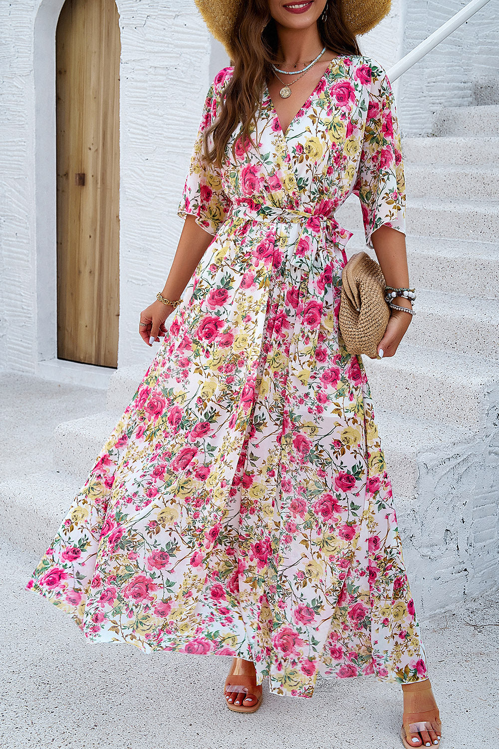 Printed Tied Half Sleeve Slit Dress 