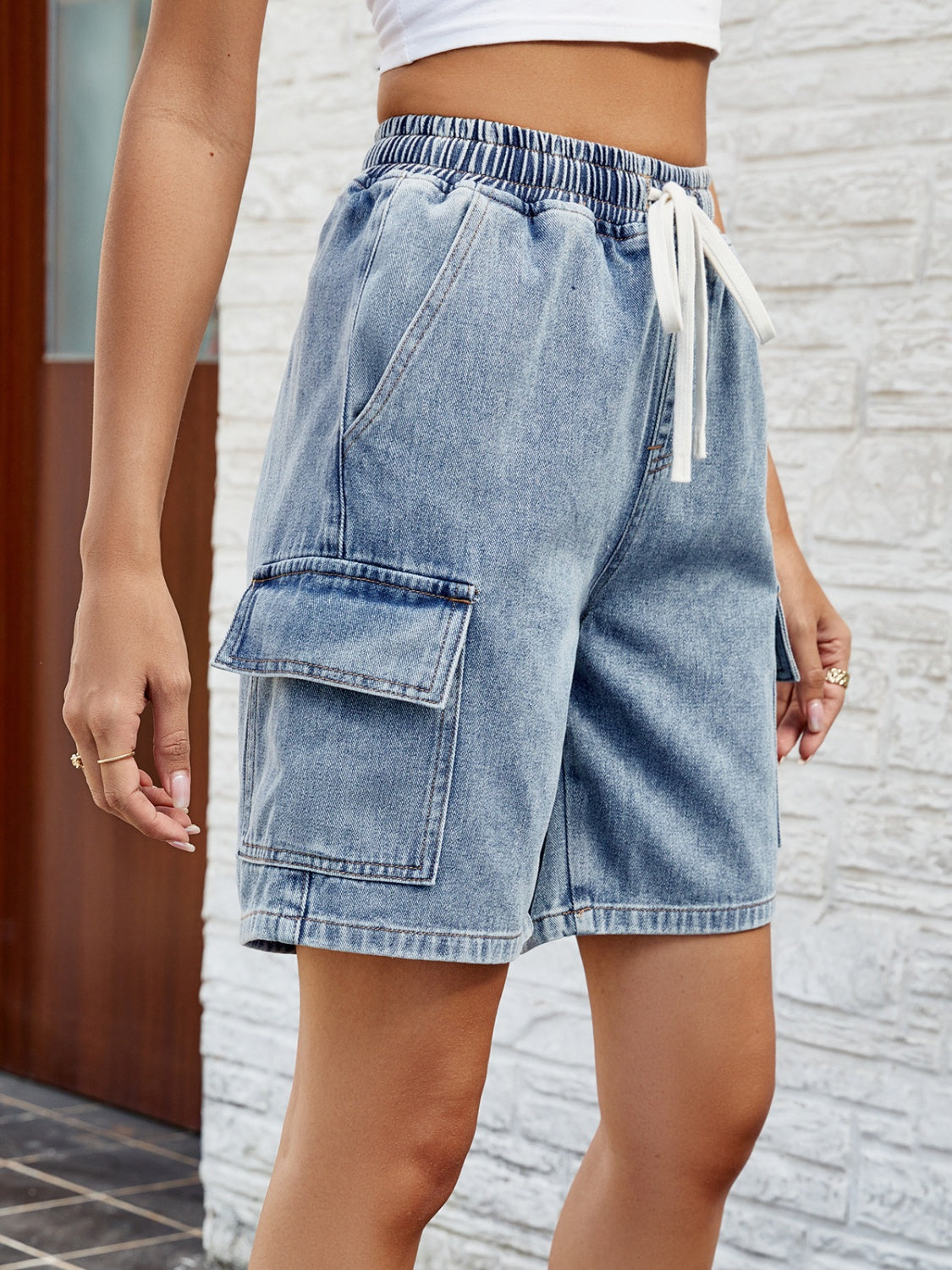 Drawstring Denim Shorts with Pockets 