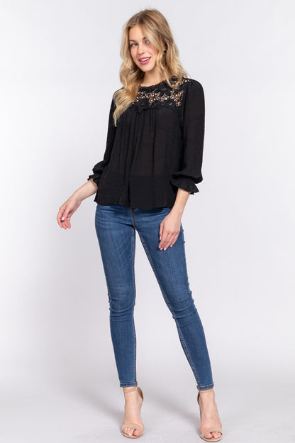 ACTIVE BASIC Crochet Lace Panel Flounce Sleeve Blouse 