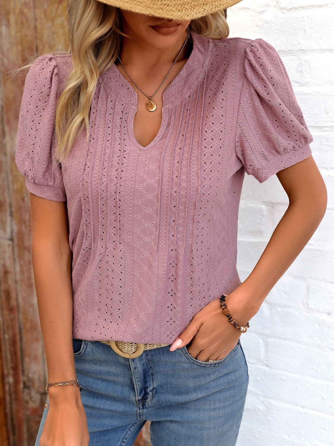 Eyelet Notched Puff Sleeve T-Shirt 