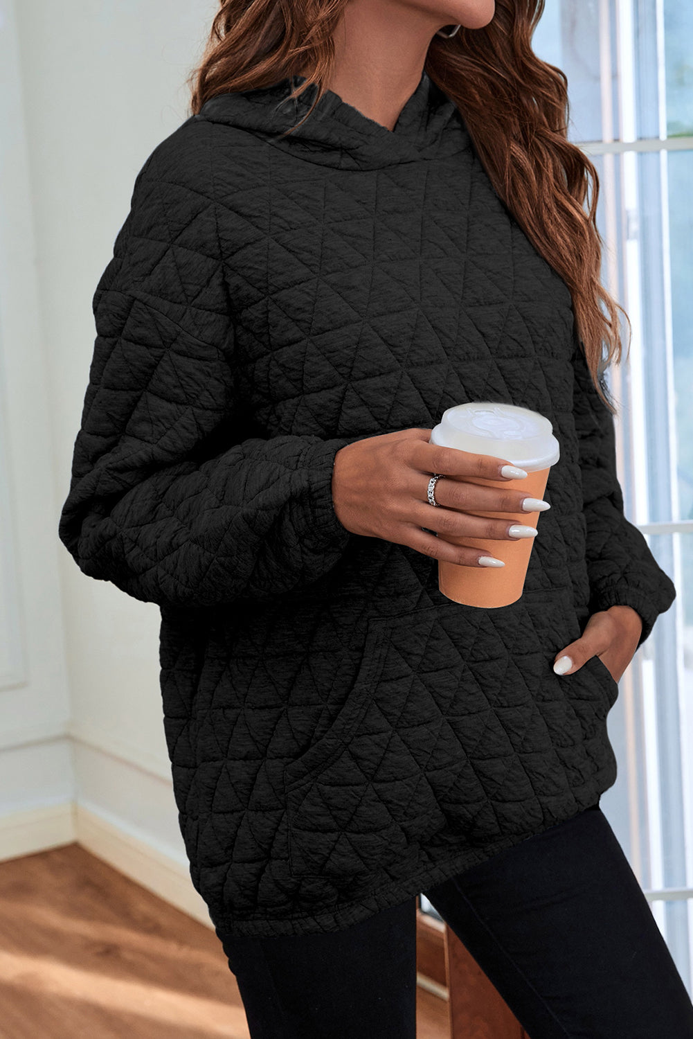 Quilted Long Sleeve Hoodie with Pocket - Babbazon Tops