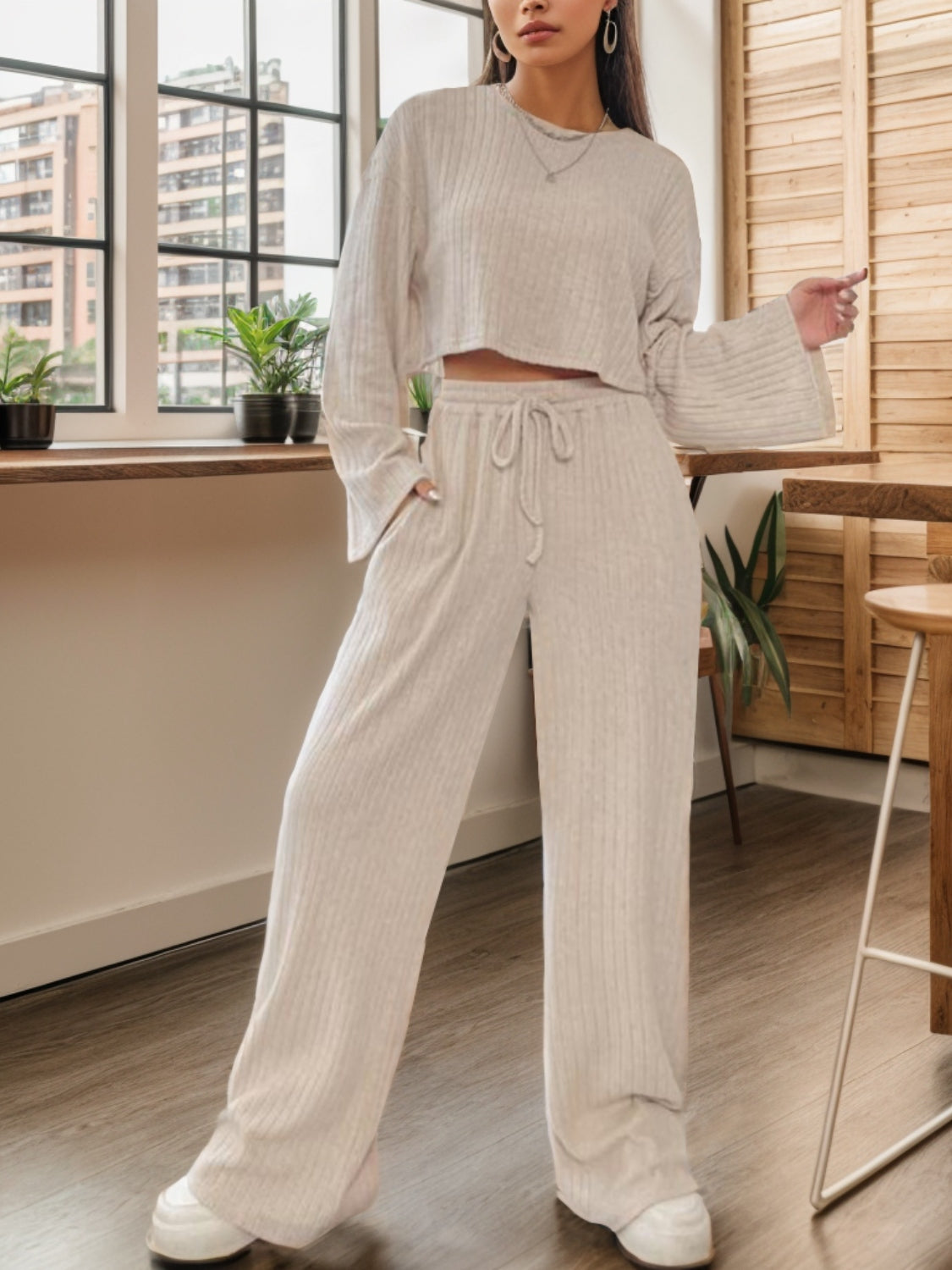 Ribbed Round Neck Top and Drawstring Pants Set 