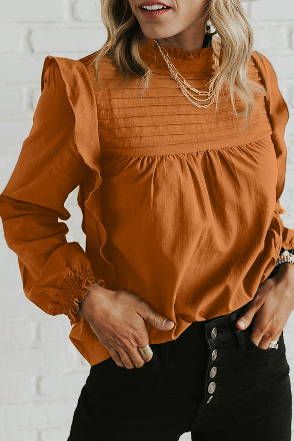 Ruffled Mock Neck Long Sleeve Blouse 