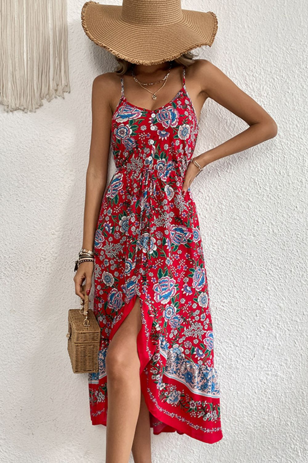 Bohemian Decorative Button Spaghetti Strap Dress 