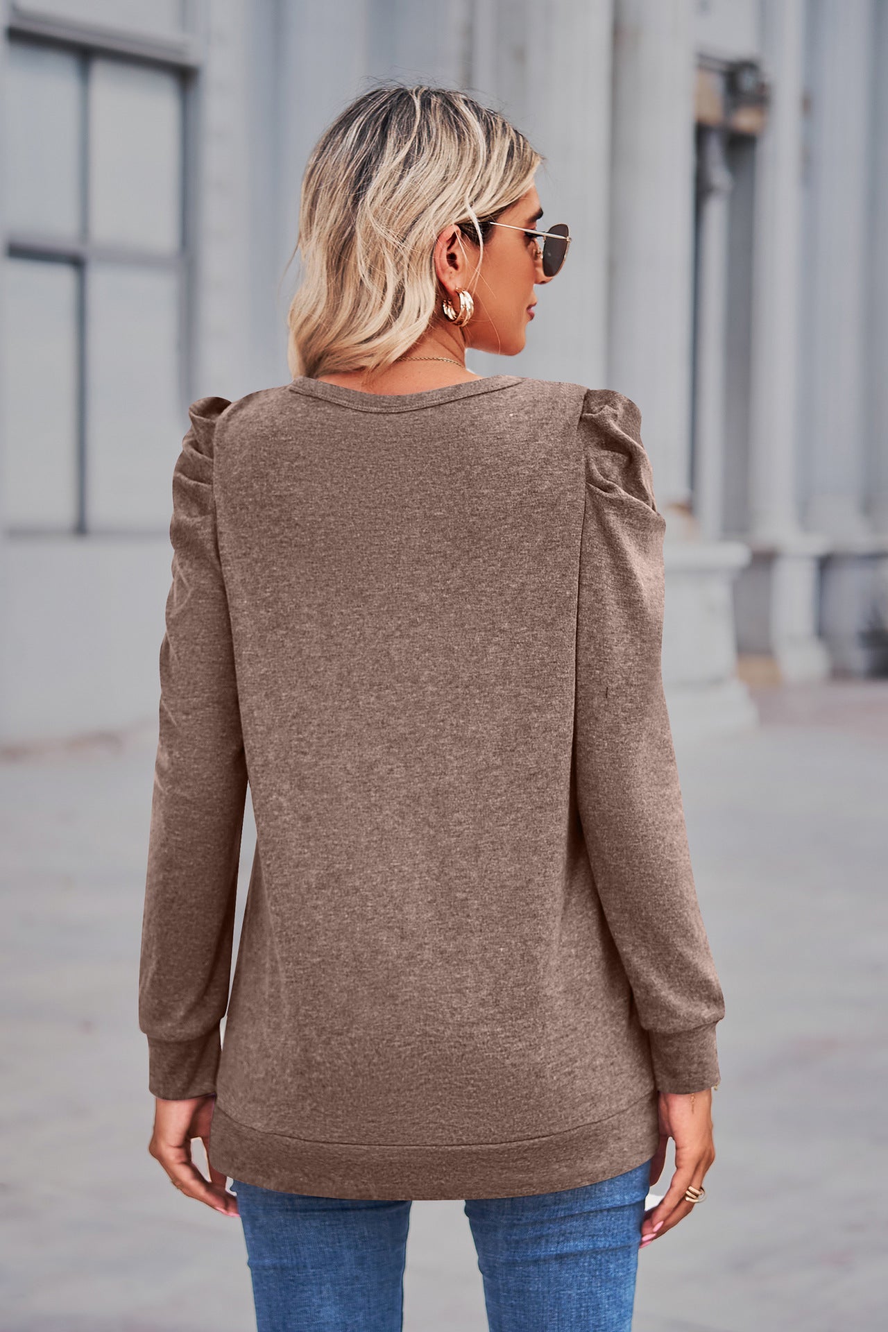 Heathered Puff Sleeve Round Neck Tunic Top 