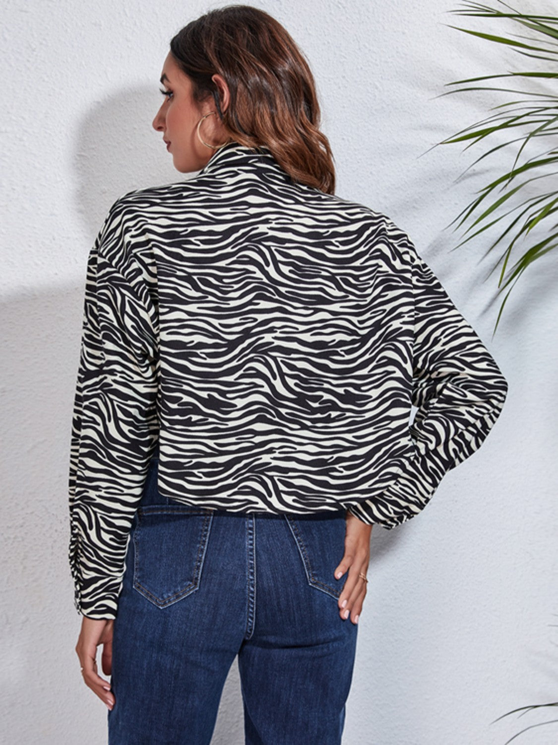 Zebra Print Button Up Collared Neck Cropped Jacket 