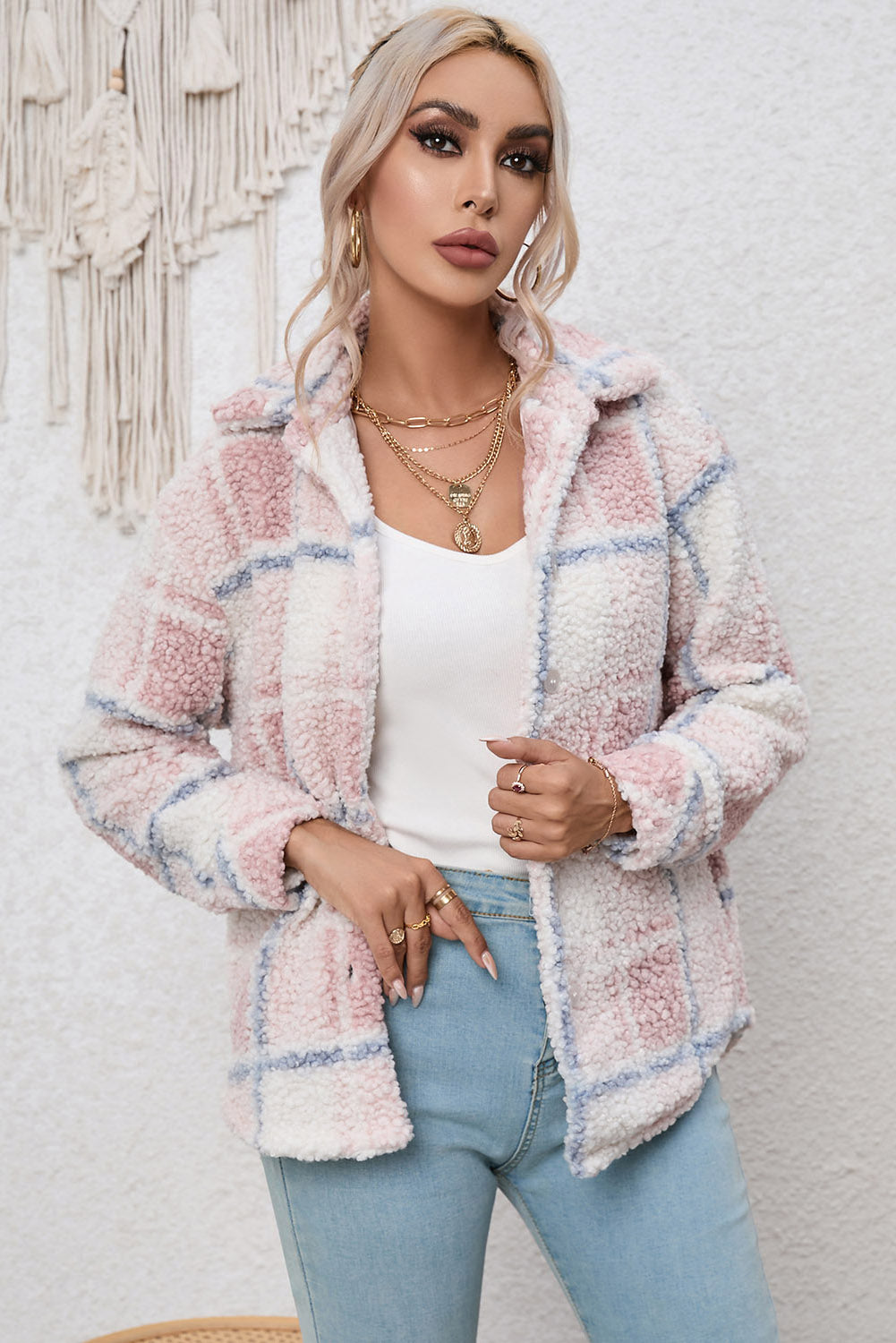 Plaid Button Up Collared Neck Long Sleeve Shacket 