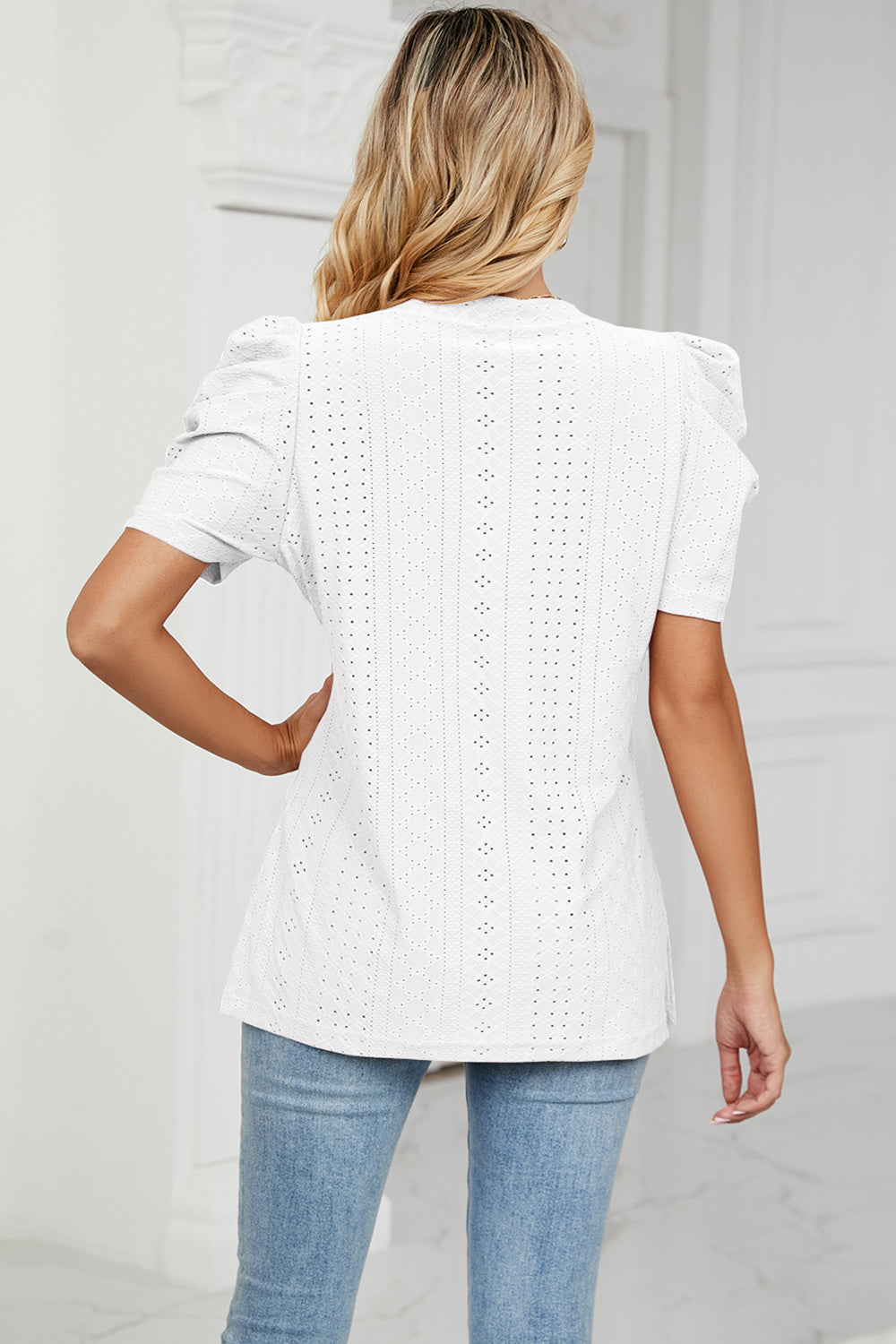 Eyelet V-Neck Short Sleeve Blouse 