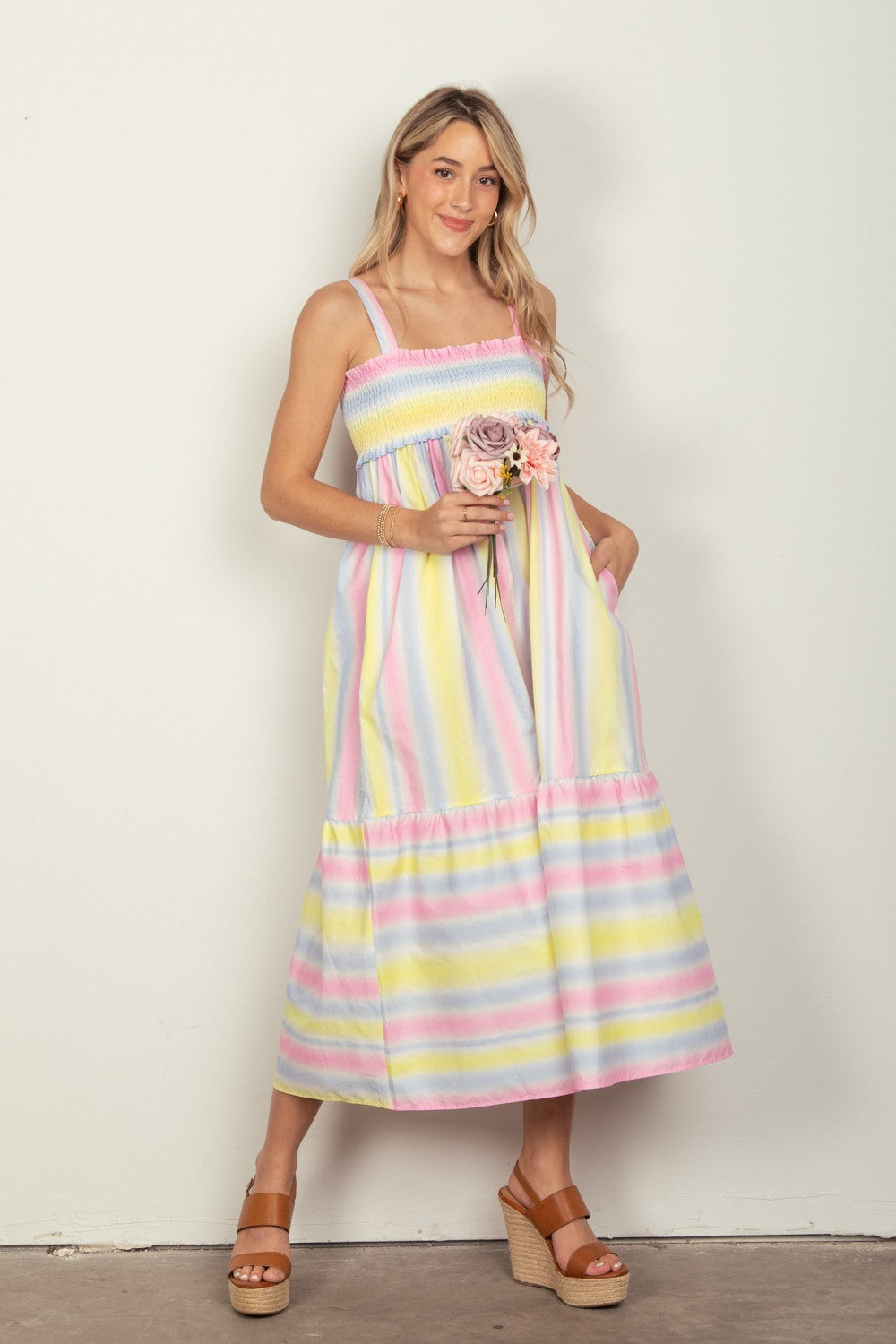 VERY J Striped Woven Smocked Midi Cami Dress 