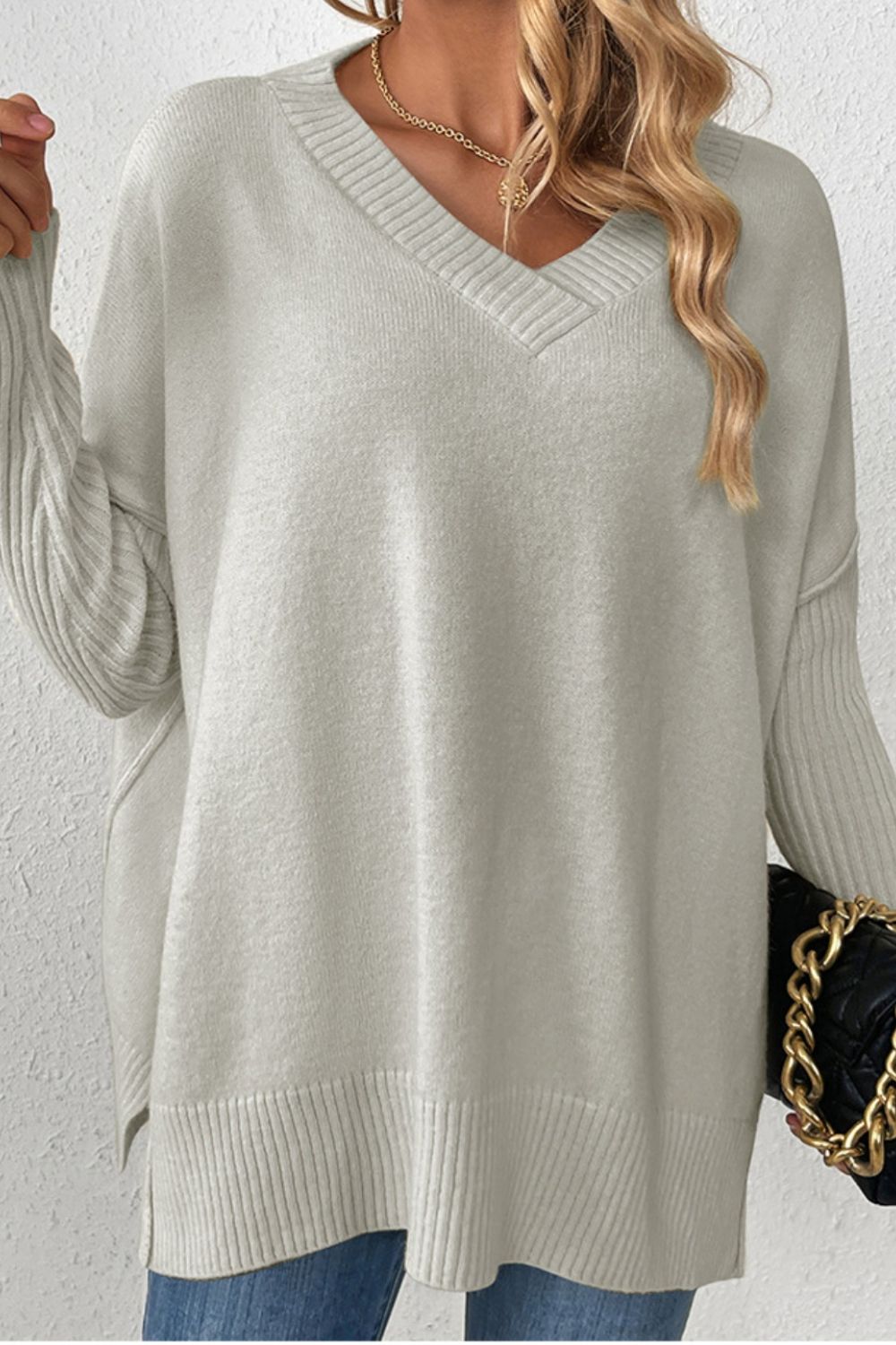 Slit V-Neck Dropped Shoulder Sweater 