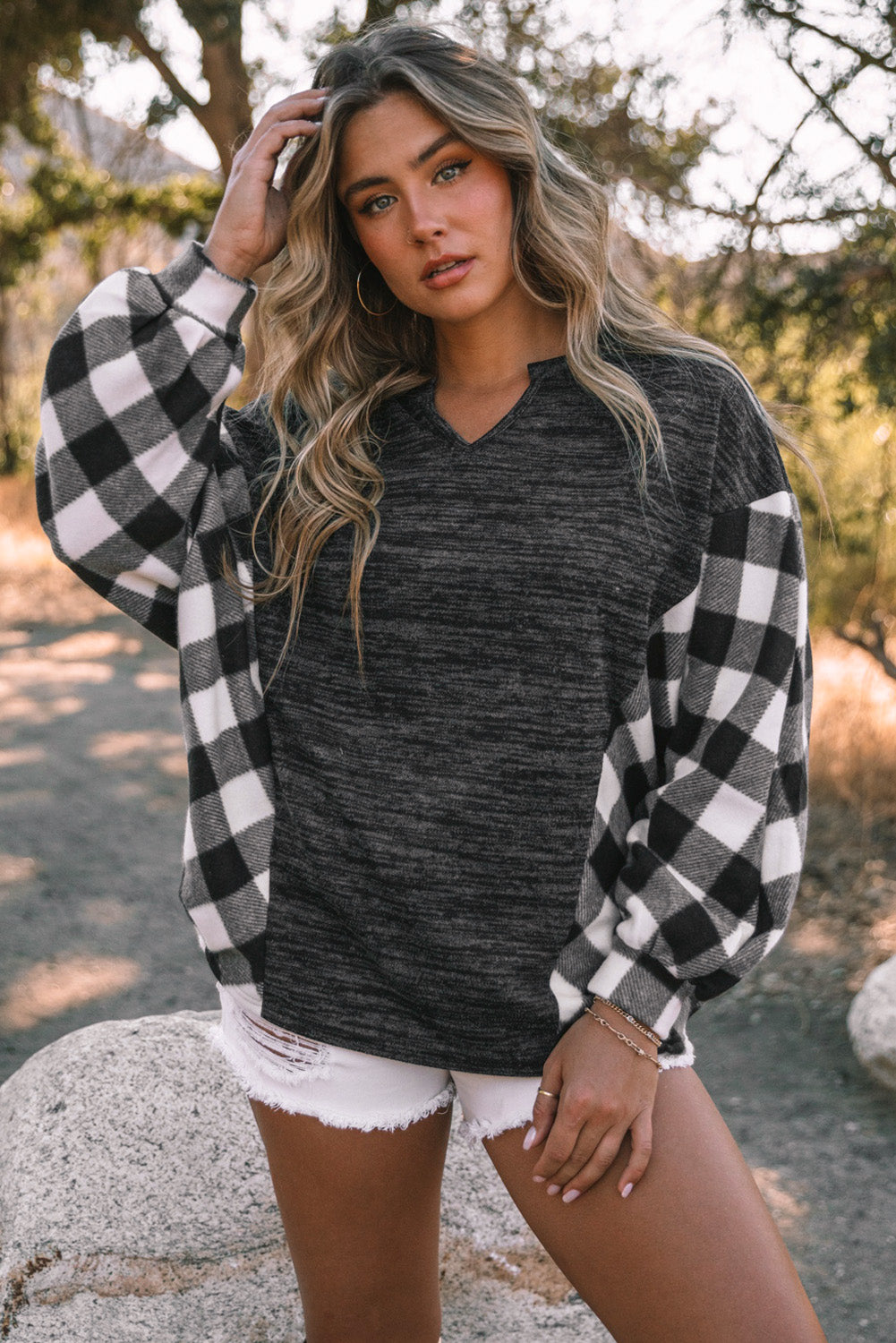 Plaid Notched Neck Top 