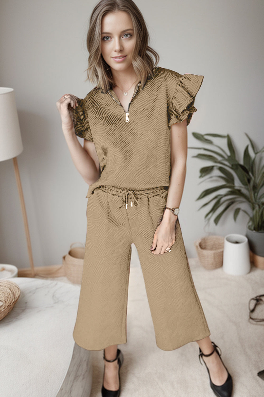 Ruffled Quarter Zip Top and Drawstring Pants Set - Babbazon Tops