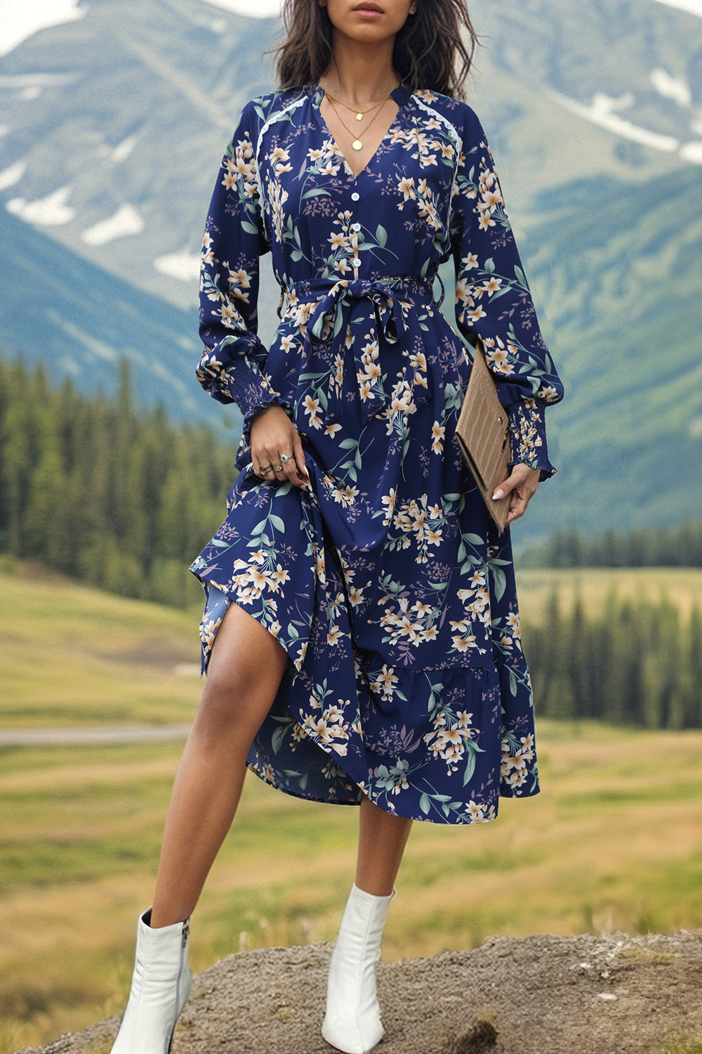 Printed Notched Lantern Sleeve Midi Dress 