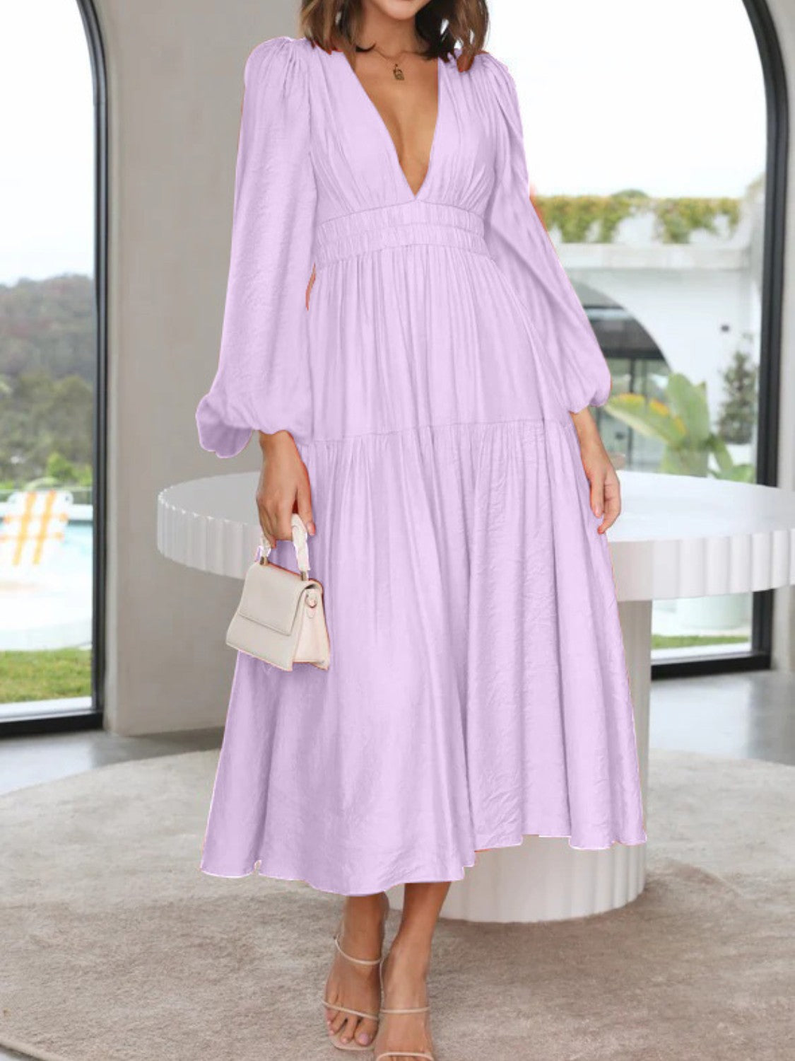 Deep V-Neck Balloon Sleeve Plain Maxi Dress - Babbazon Midi Dress