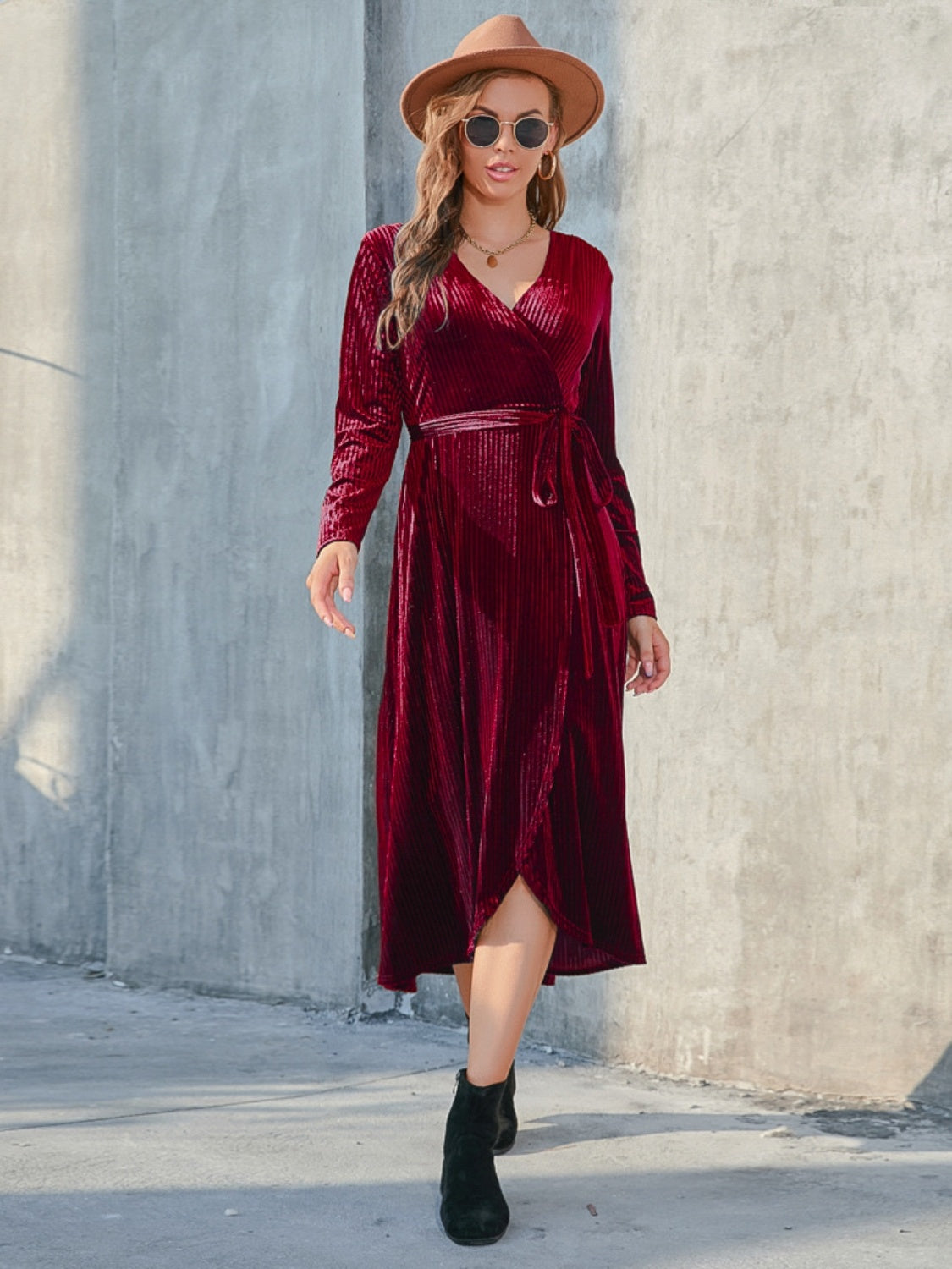 Tie Front Long Sleeve Slit Dress 