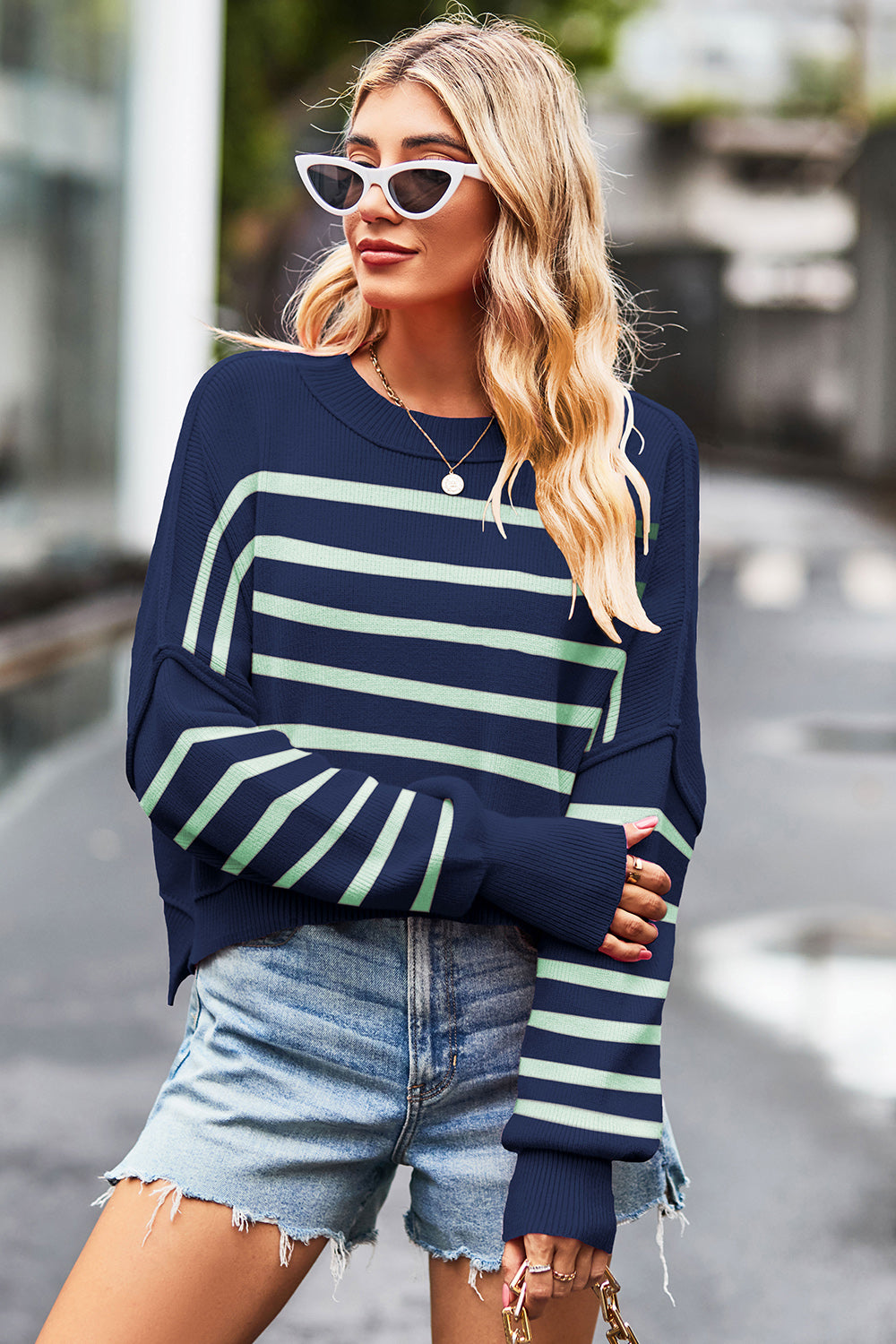 Striped Round Neck Drop Shoulder Slit Sweater 