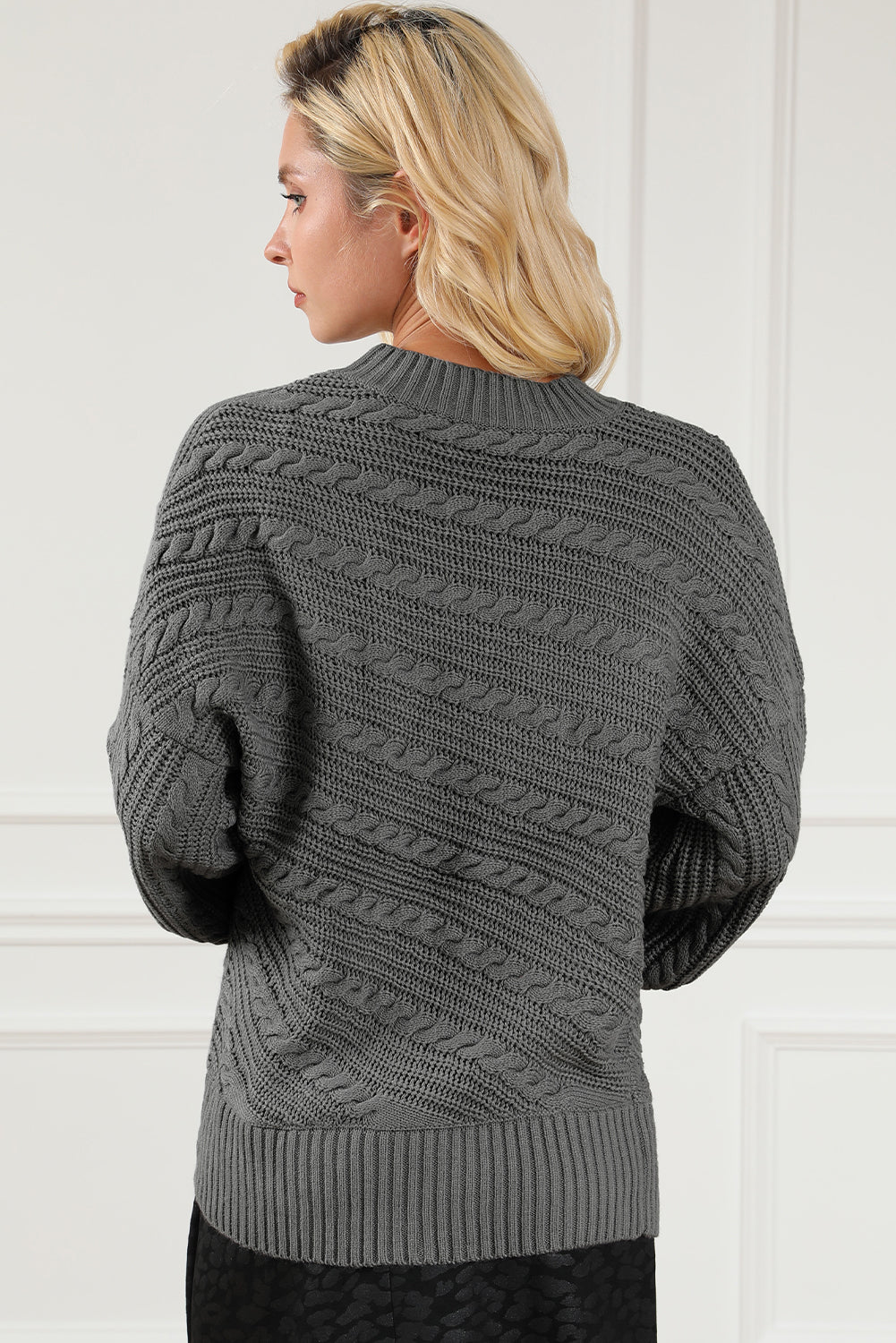 Cable-Knit Mock Neck Dropped Shoulder Sweater 