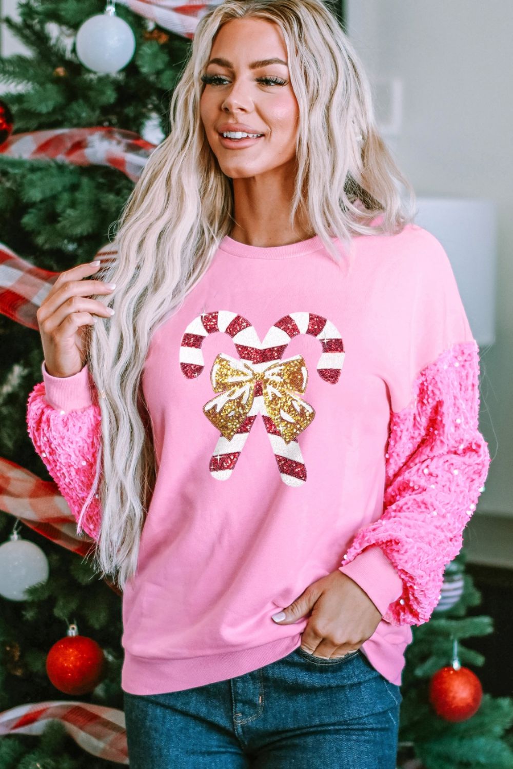 Candy Cane Sequin Long Sleeve Sweatshirt 