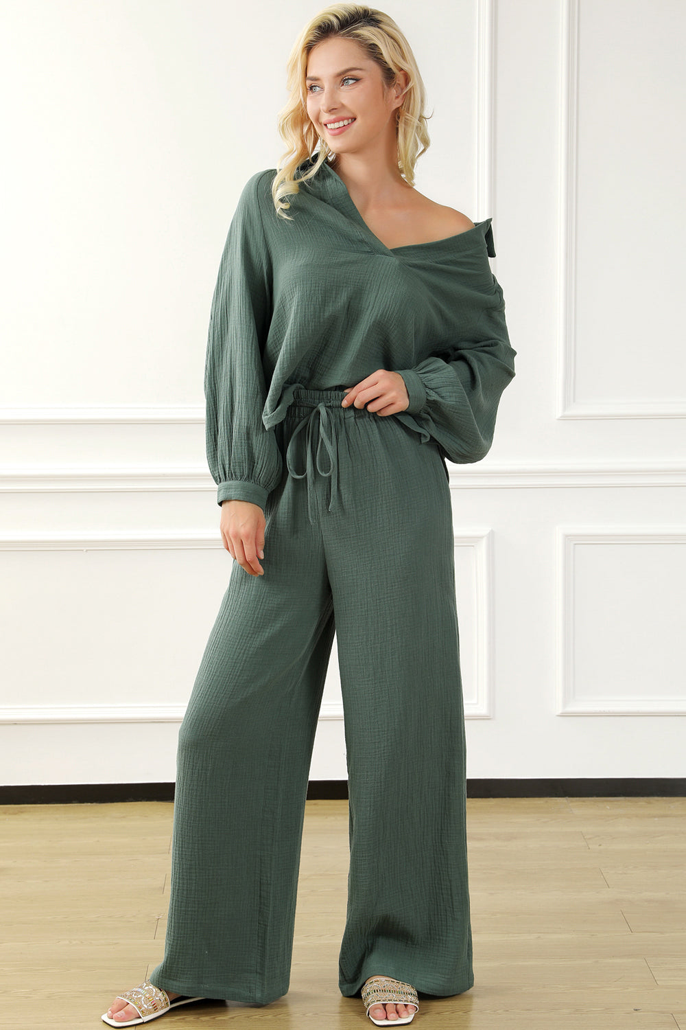 Collared Neck Top and Drawstring Pants Set 